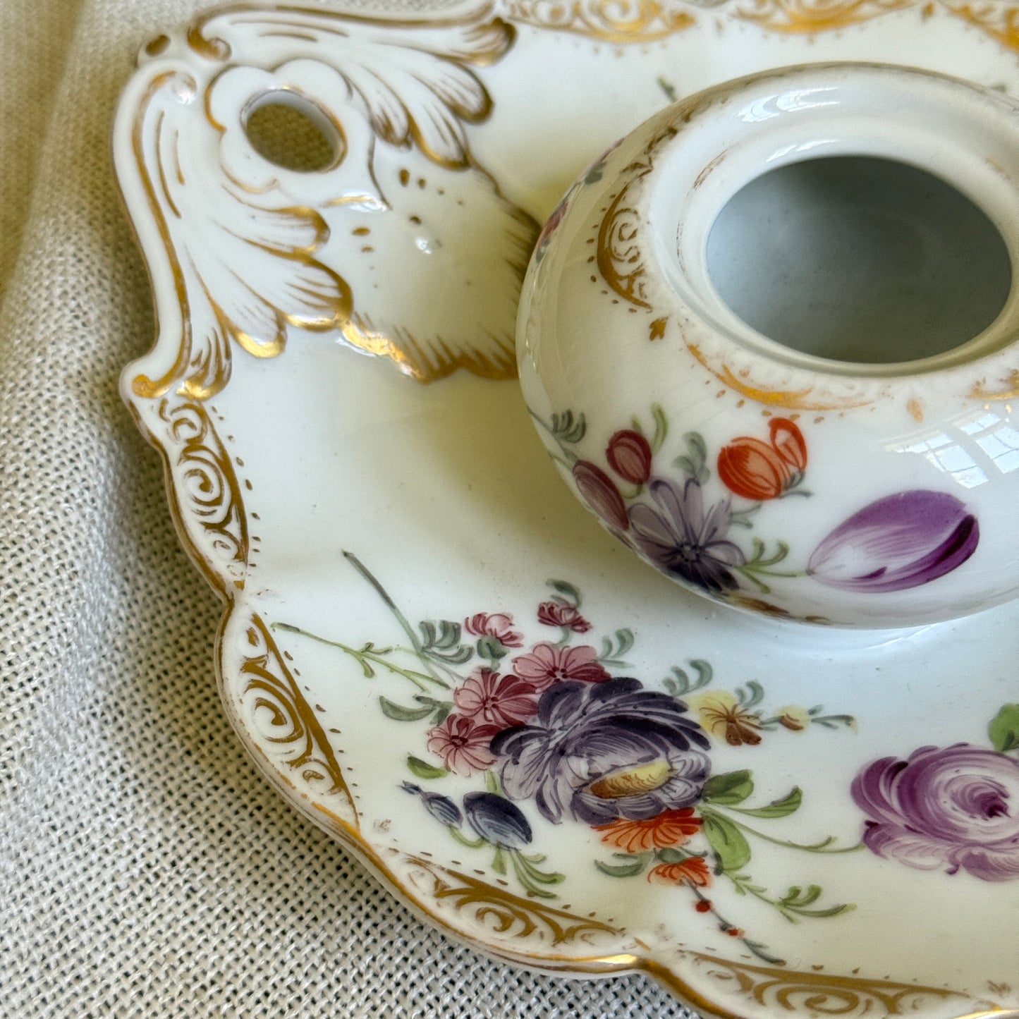 Porcelain Inkwell | Hand-Painted Florals & Gold Scrolls