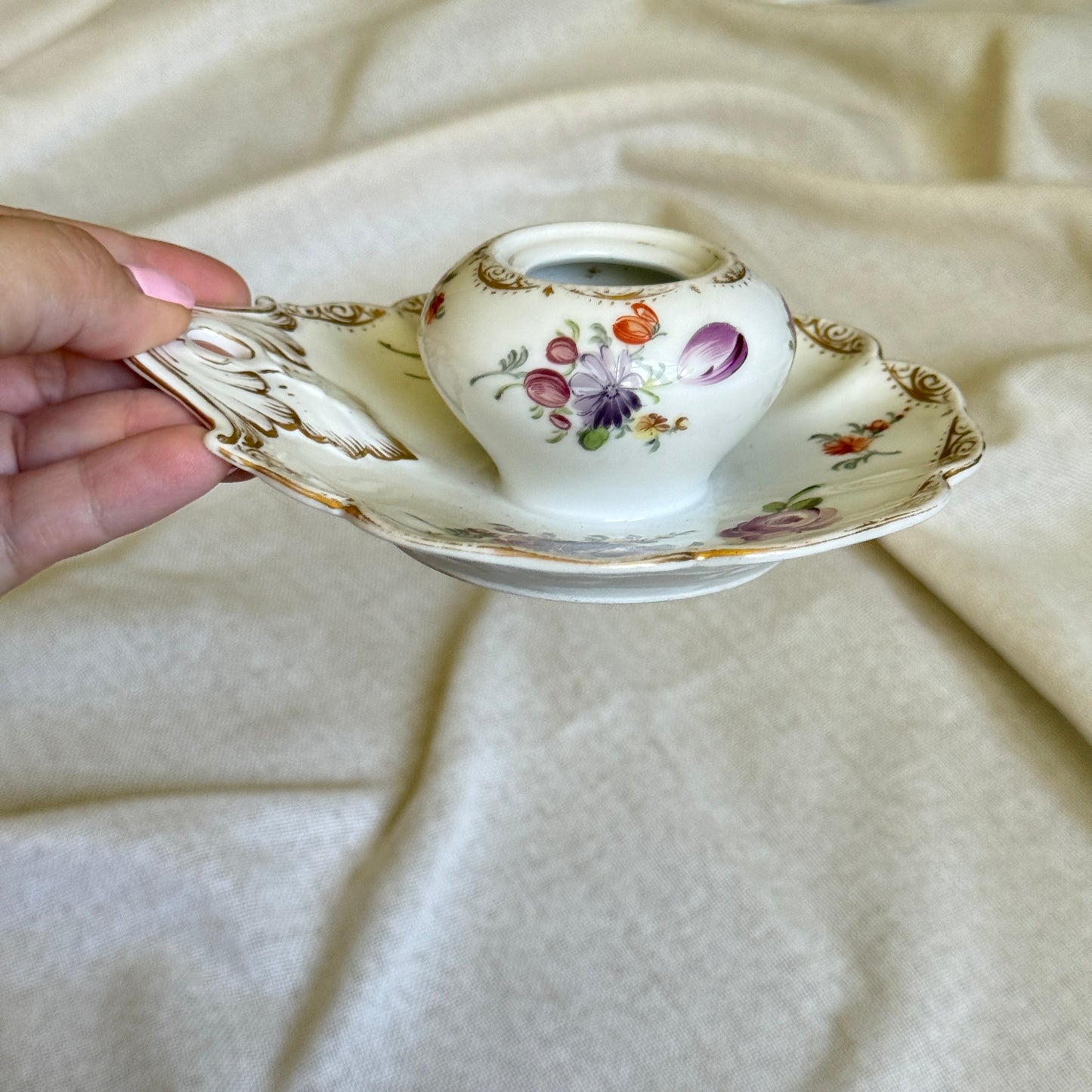 Porcelain Inkwell | Hand-Painted Florals & Gold Scrolls