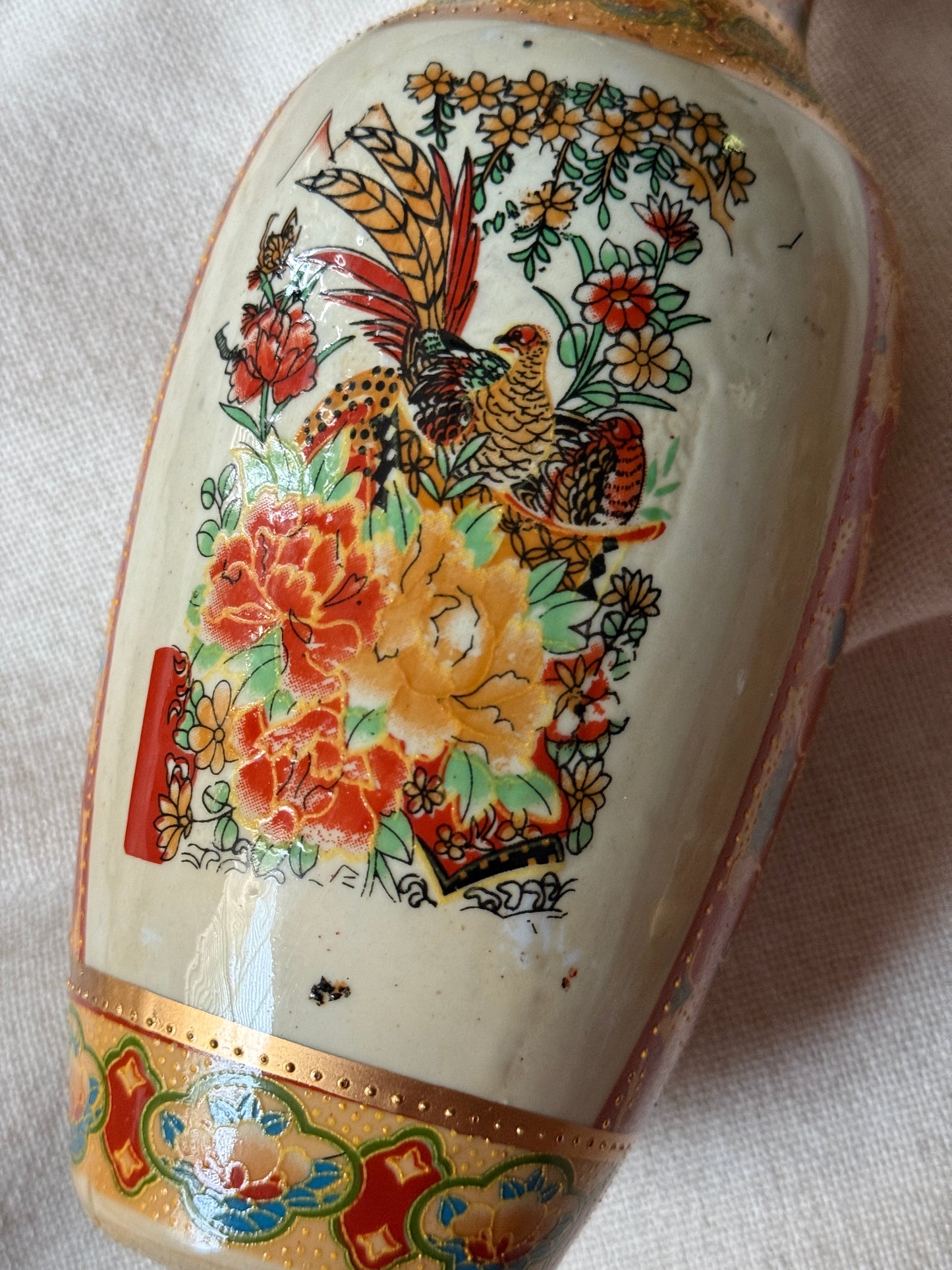 Vintage Hand-Painted Japanese Vases | Pair with Gilded Bird & Floral Motif