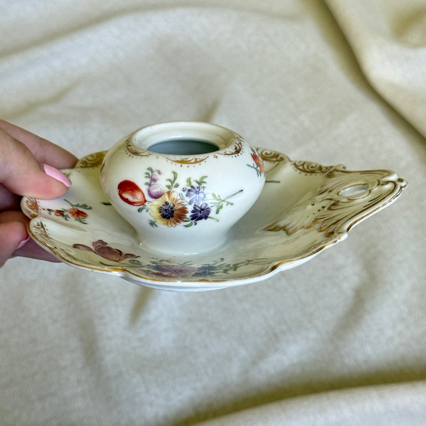 Porcelain Inkwell | Hand-Painted Florals & Gold Scrolls