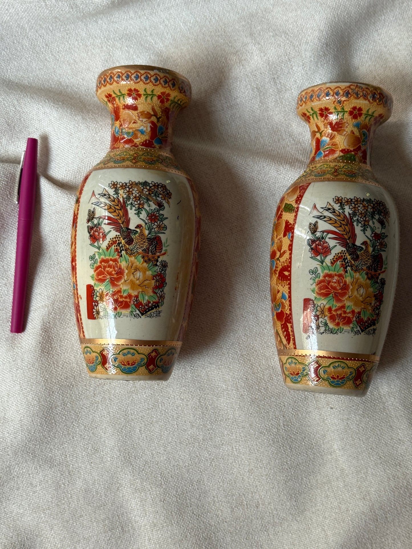 Vintage Hand-Painted Japanese Vases | Pair with Gilded Bird & Floral Motif