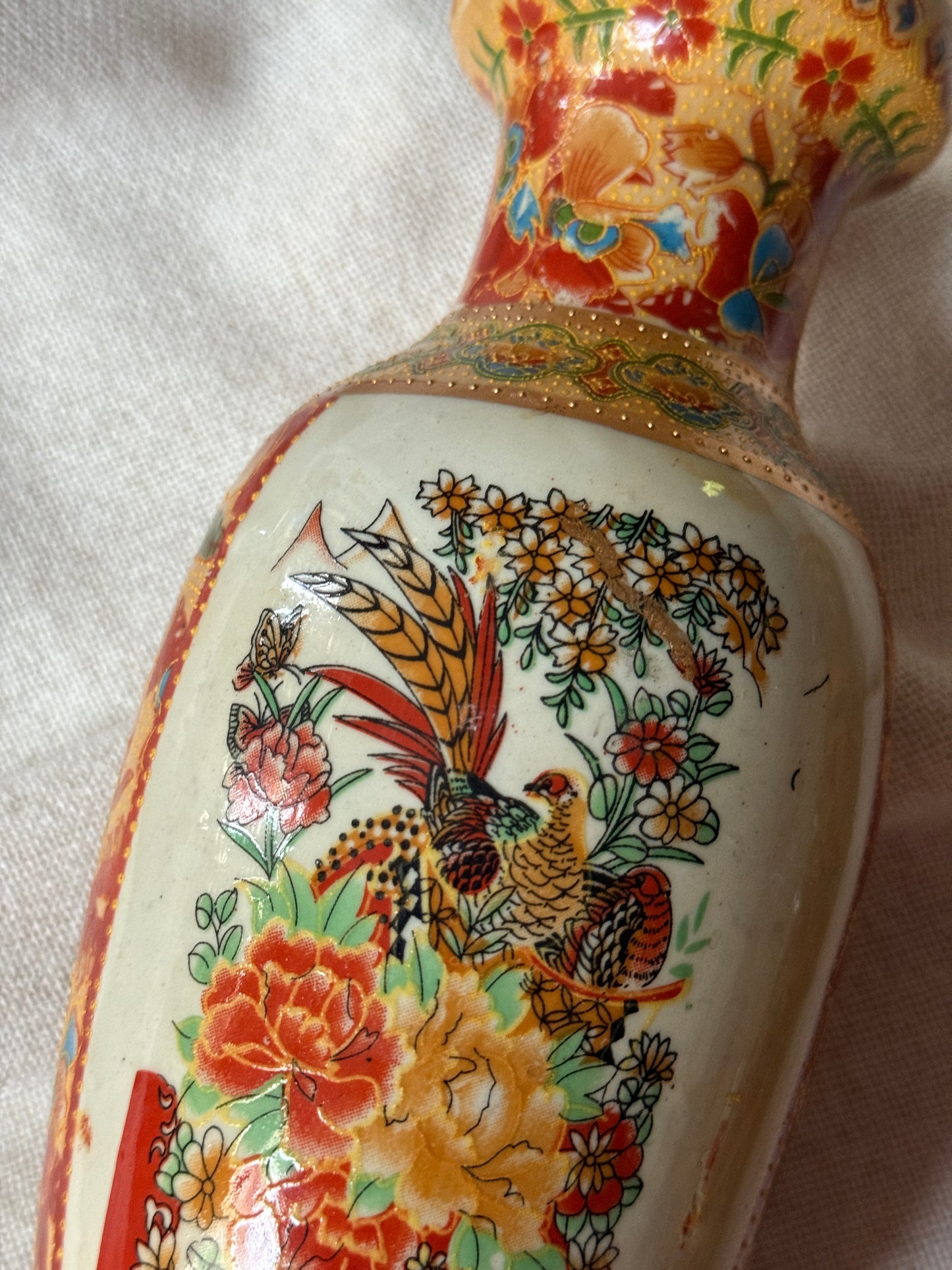 Vintage Hand-Painted Japanese Vases | Pair with Gilded Bird & Floral Motif