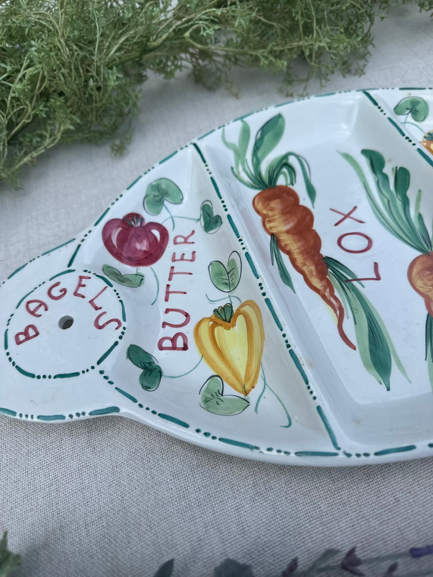Hand-Painted Bagel Tray | “Lox, Butter, Cheese” Ceramic Sectioned Dish with Skewer Holes (Made in Italy)