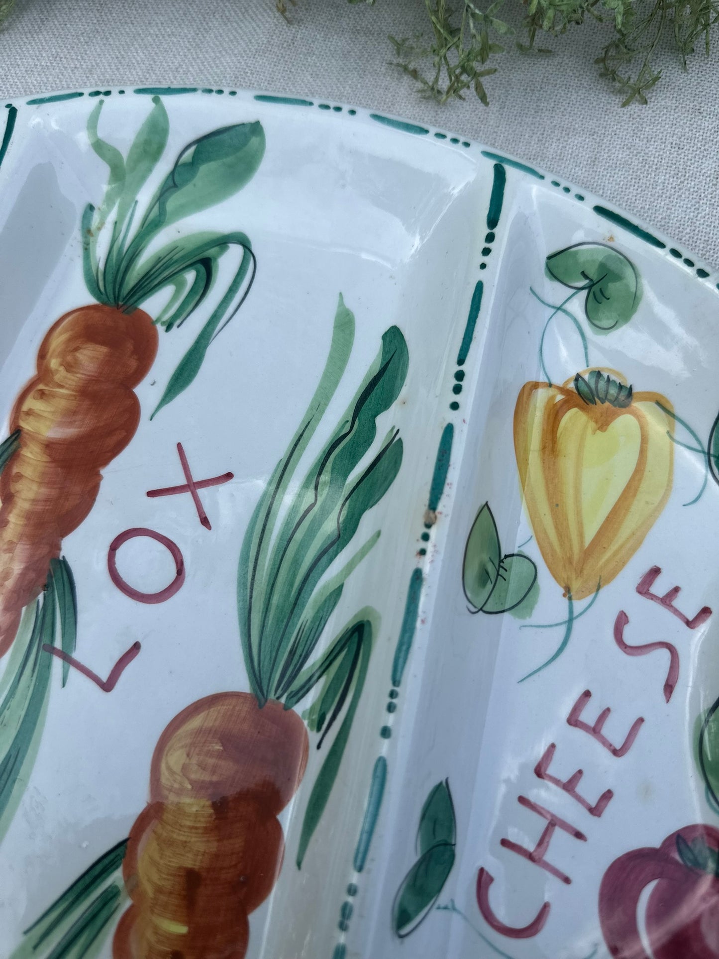 Hand-Painted Bagel Tray | “Lox, Butter, Cheese” Ceramic Sectioned Dish with Skewer Holes (Made in Italy)