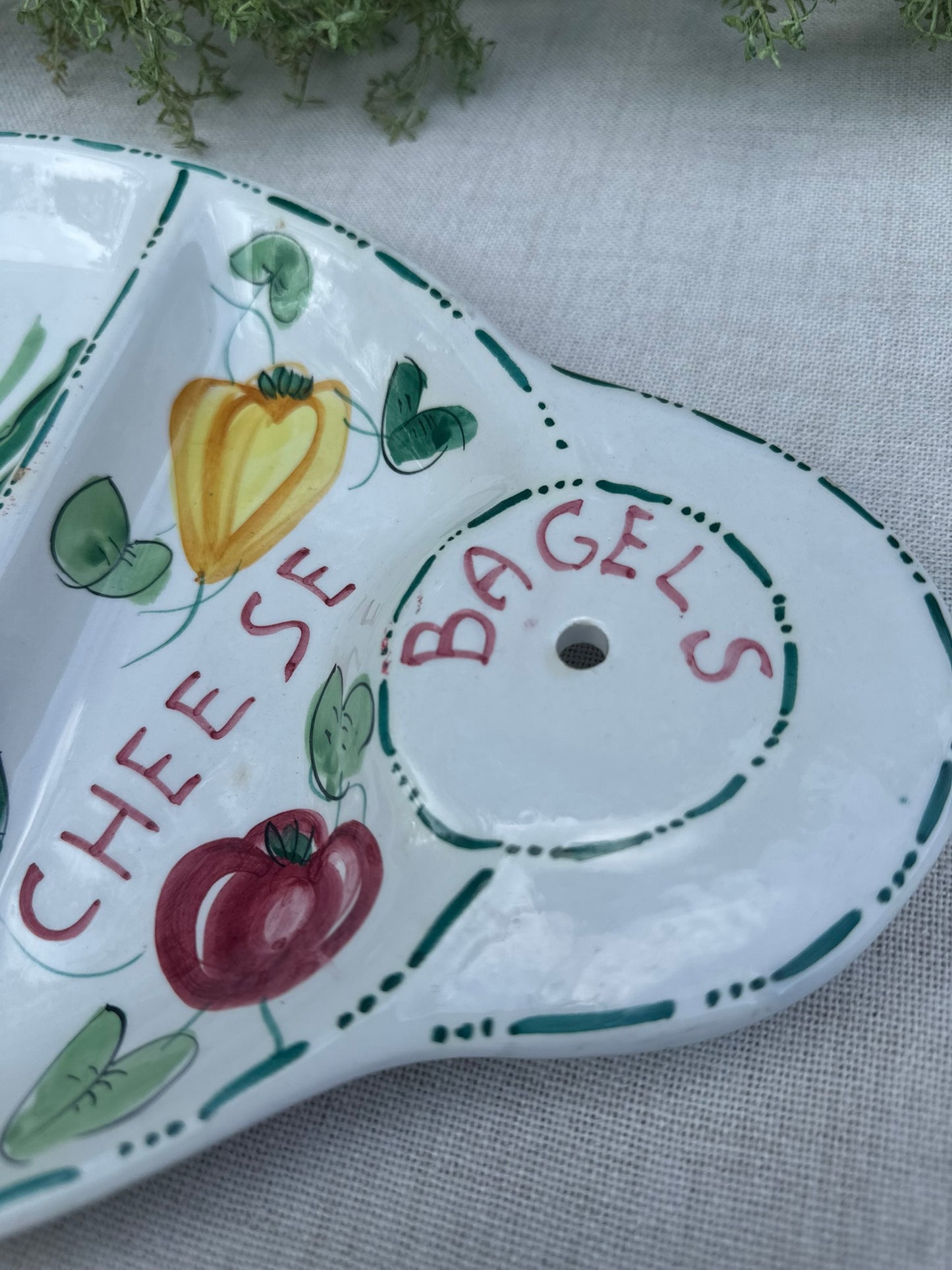Hand-Painted Bagel Tray | “Lox, Butter, Cheese” Ceramic Sectioned Dish with Skewer Holes (Made in Italy)