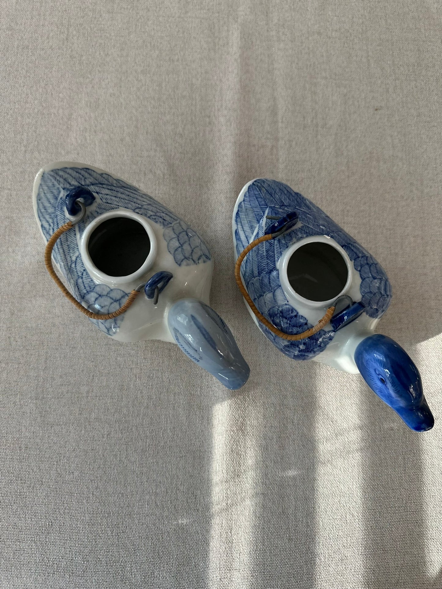Blue & White Duck Teapots | Hand-Painted Porcelain Ducks with Rattan Handles (Sold Individually)