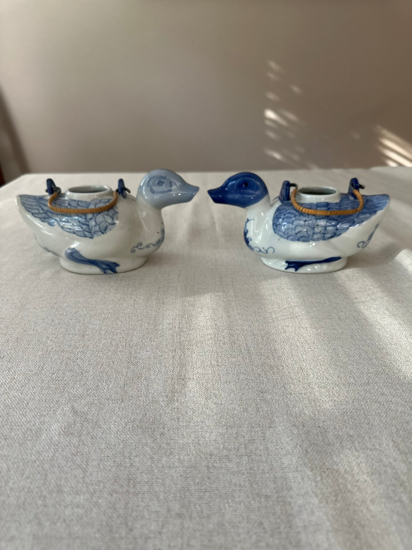 Blue & White Duck Teapots | Hand-Painted Porcelain Ducks with Rattan Handles (Sold Individually)