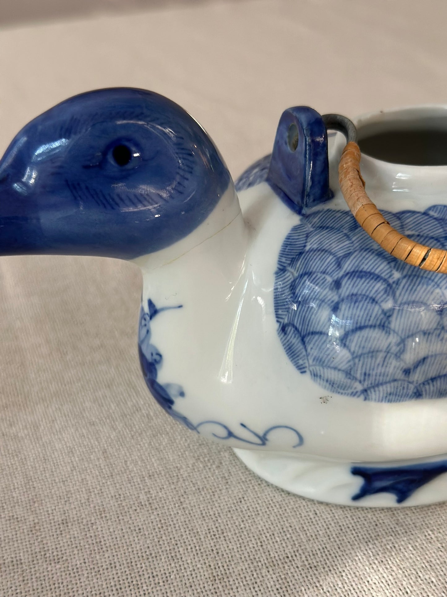Blue & White Duck Teapots | Hand-Painted Porcelain Ducks with Rattan Handles (Sold Individually)