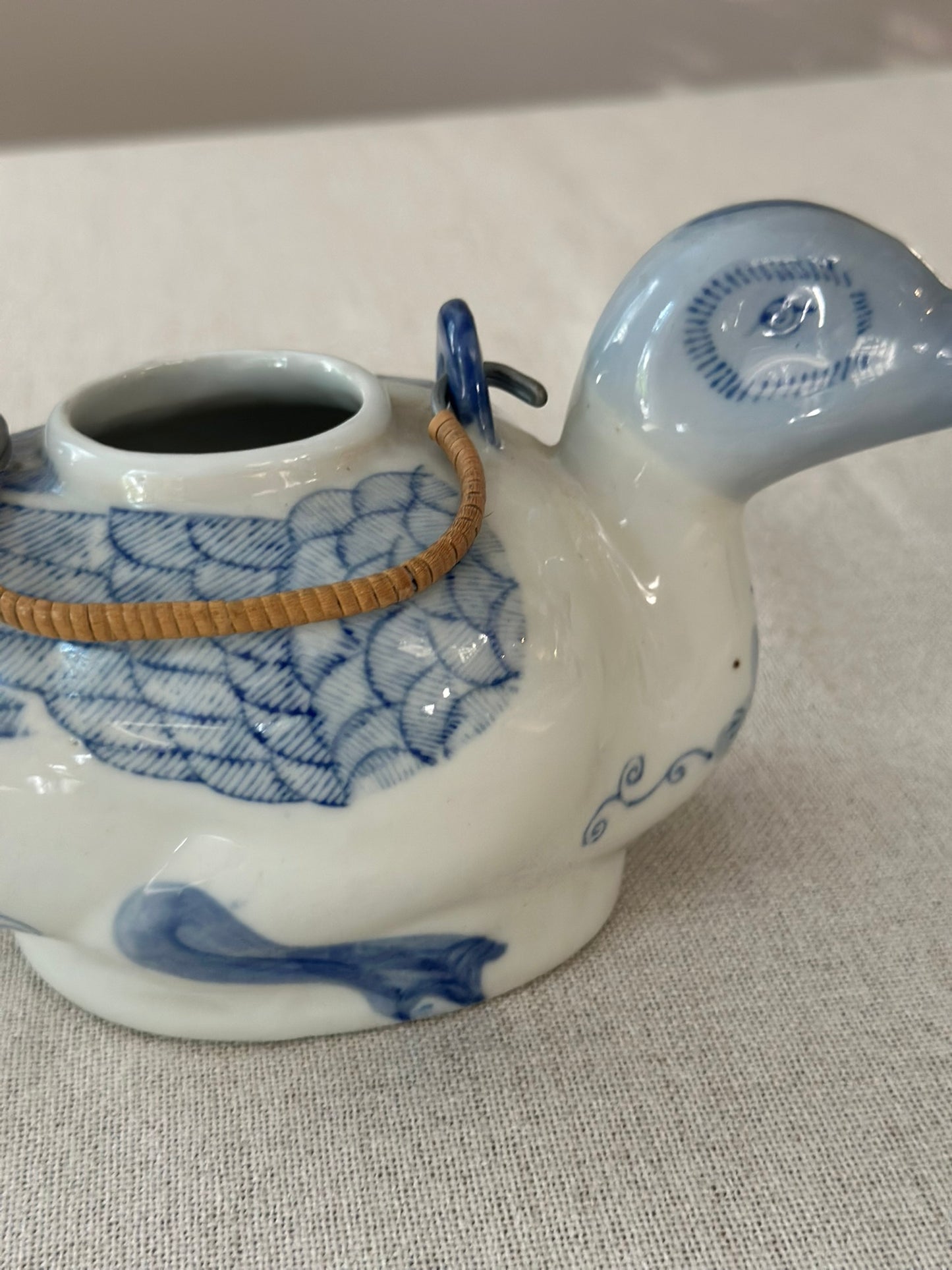 Blue & White Duck Teapots | Hand-Painted Porcelain Ducks with Rattan Handles (Sold Individually)
