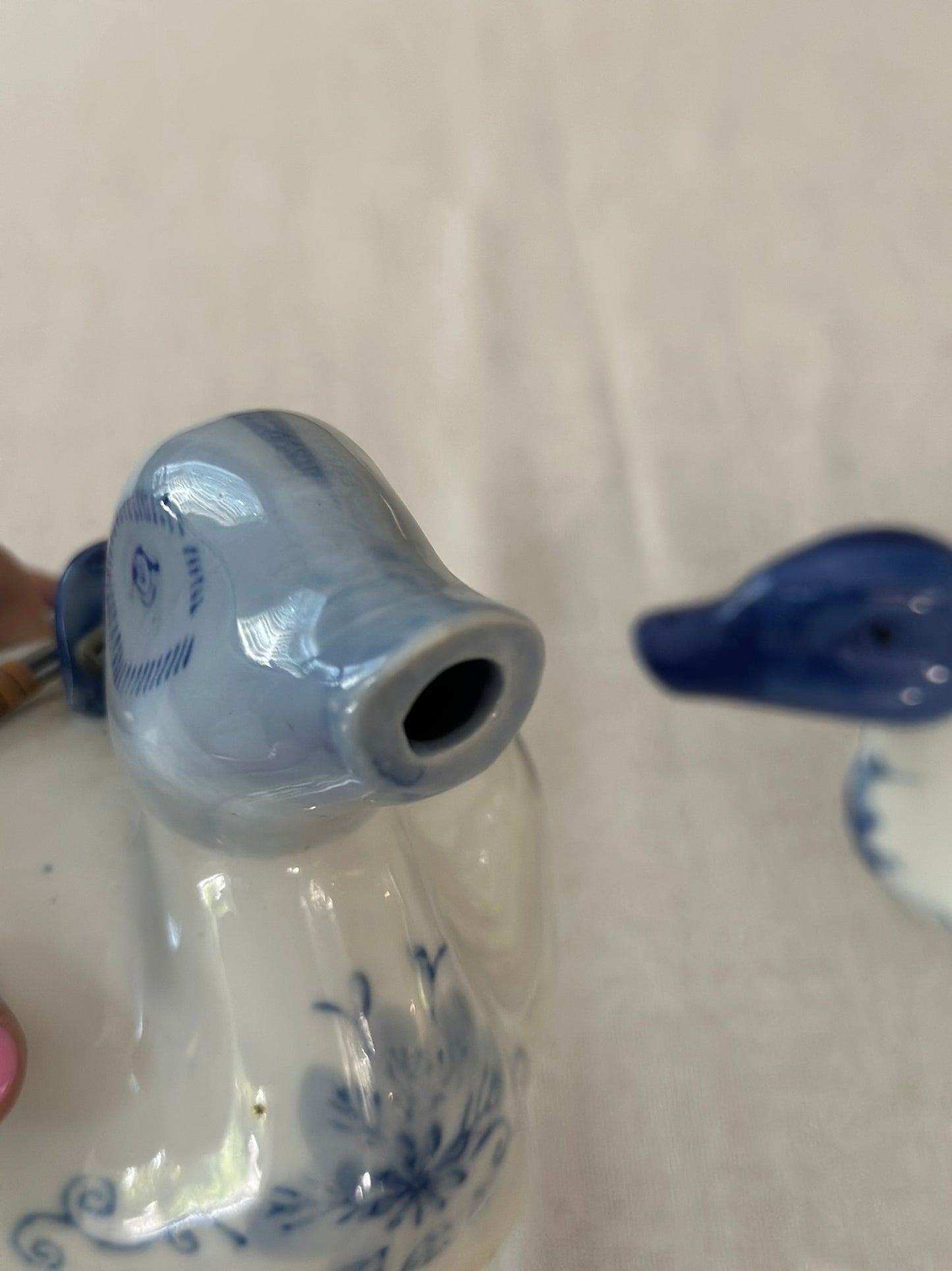 Blue & White Duck Teapots | Hand-Painted Porcelain Ducks with Rattan Handles (Sold Individually)