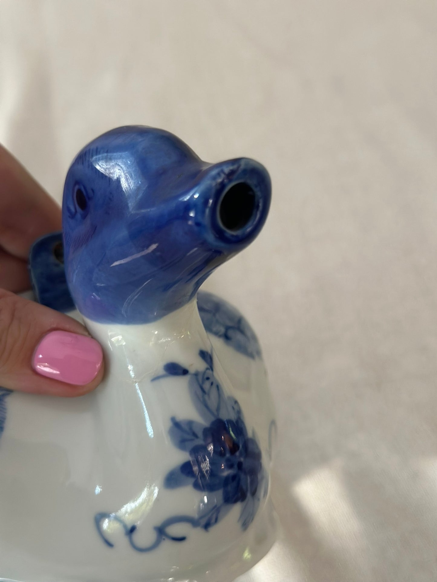 Blue & White Duck Teapots | Hand-Painted Porcelain Ducks with Rattan Handles (Sold Individually)