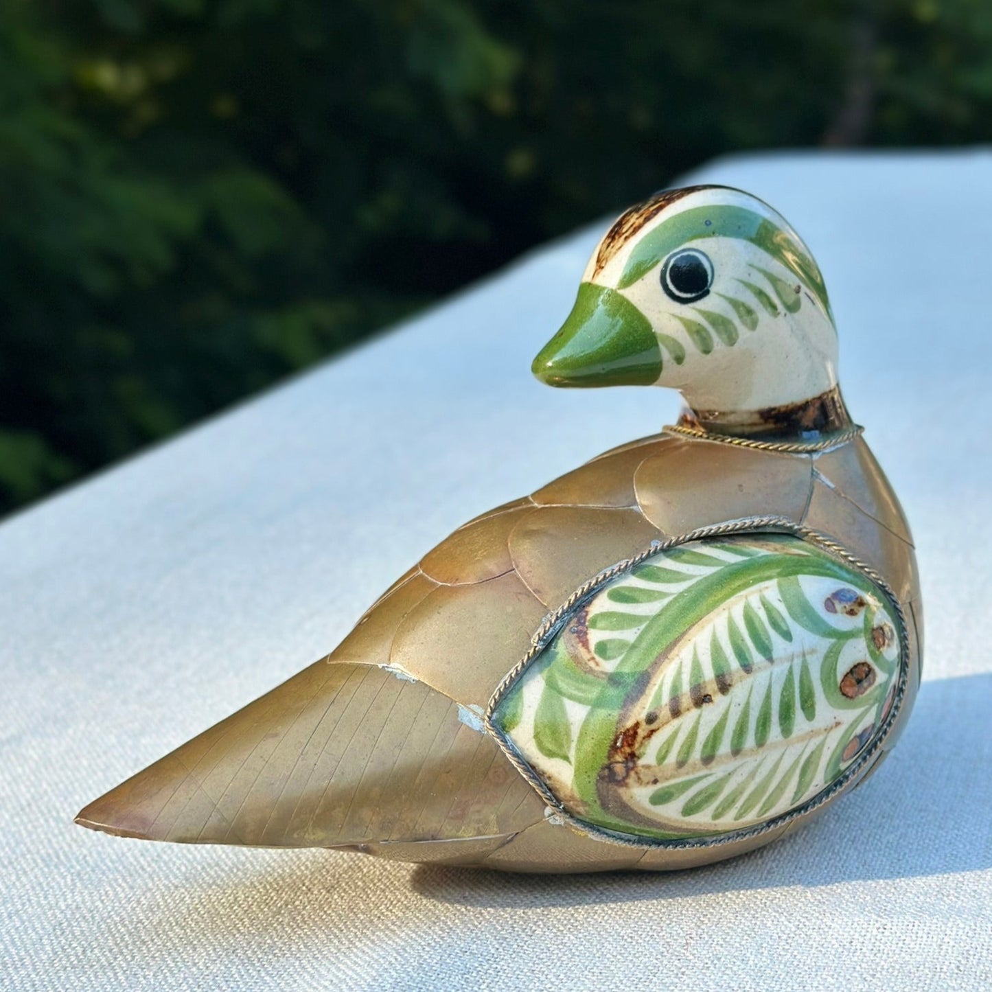 Vintage Brass & Ceramic Duck Figurine | Green & Cream Inlay Bird