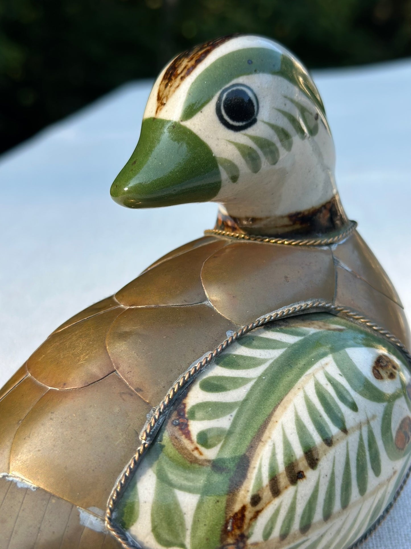 Vintage Brass & Ceramic Duck Figurine | Green & Cream Inlay Bird