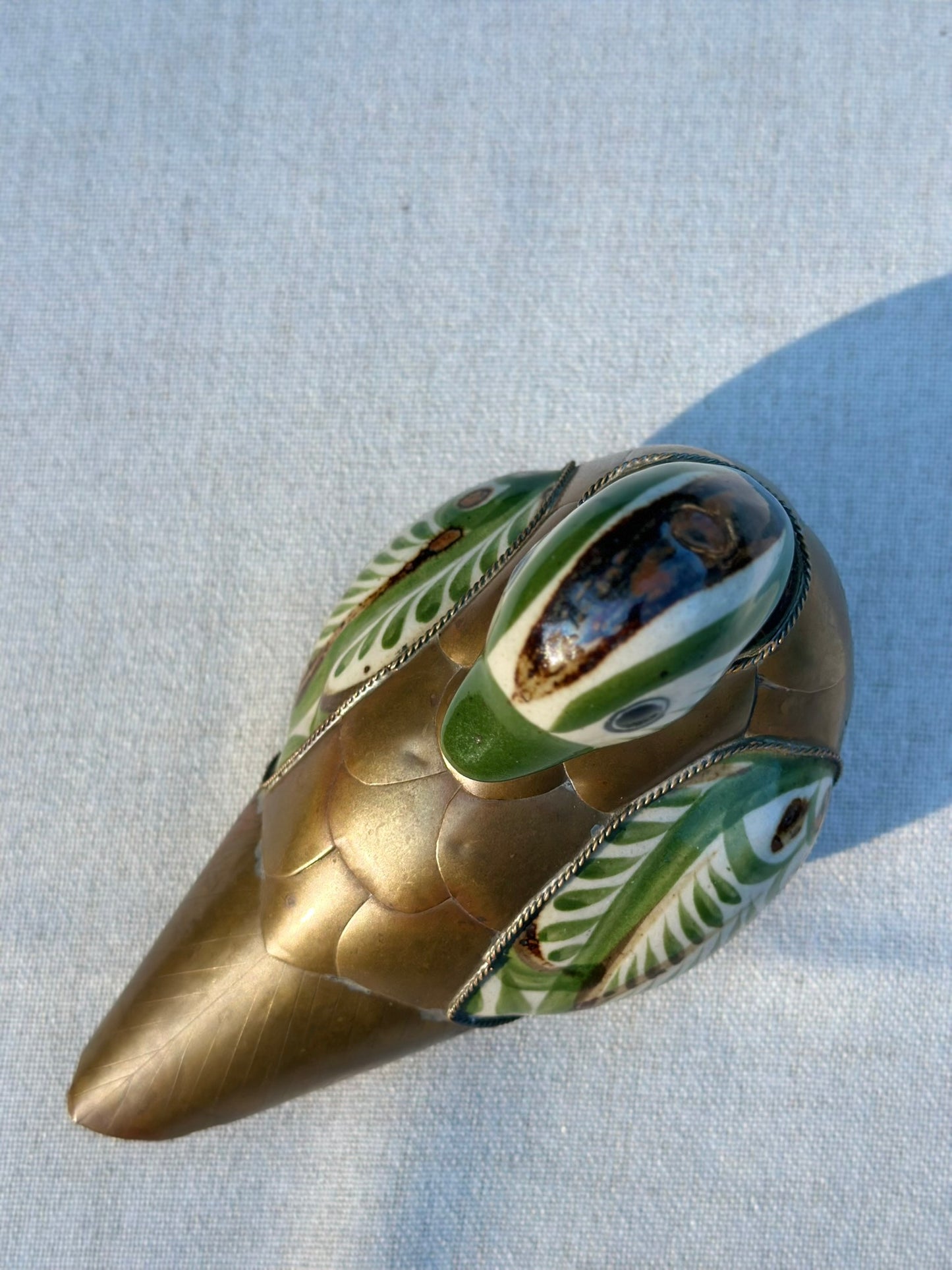 Vintage Brass & Ceramic Duck Figurine | Green & Cream Inlay Bird