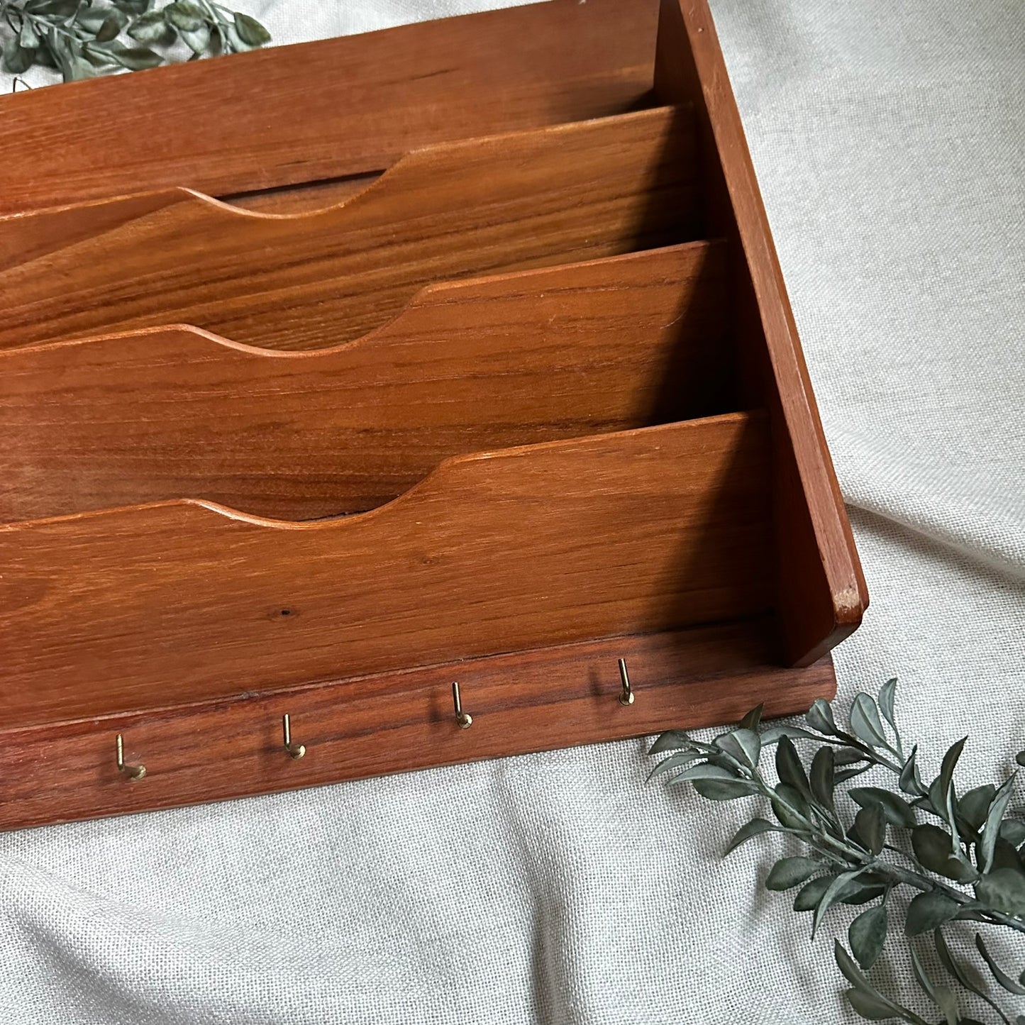 Vintage Goodwood Genuine Teak Wall Organizer with Mail Slots & Key Hooks | Mid-Century Modern Entryway Storage