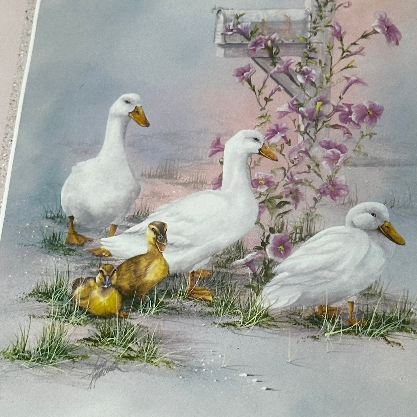 Vintage Duck Family Framed Print | Pastel Waterfowl Wall Art in Pink Frame