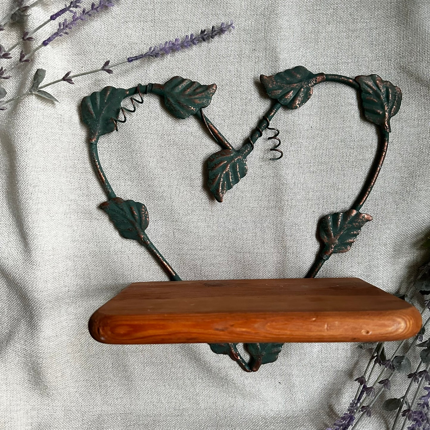 Vintage Heart Wall Shelf with Leaf Vine Iron Frame and Solid Wood Platform