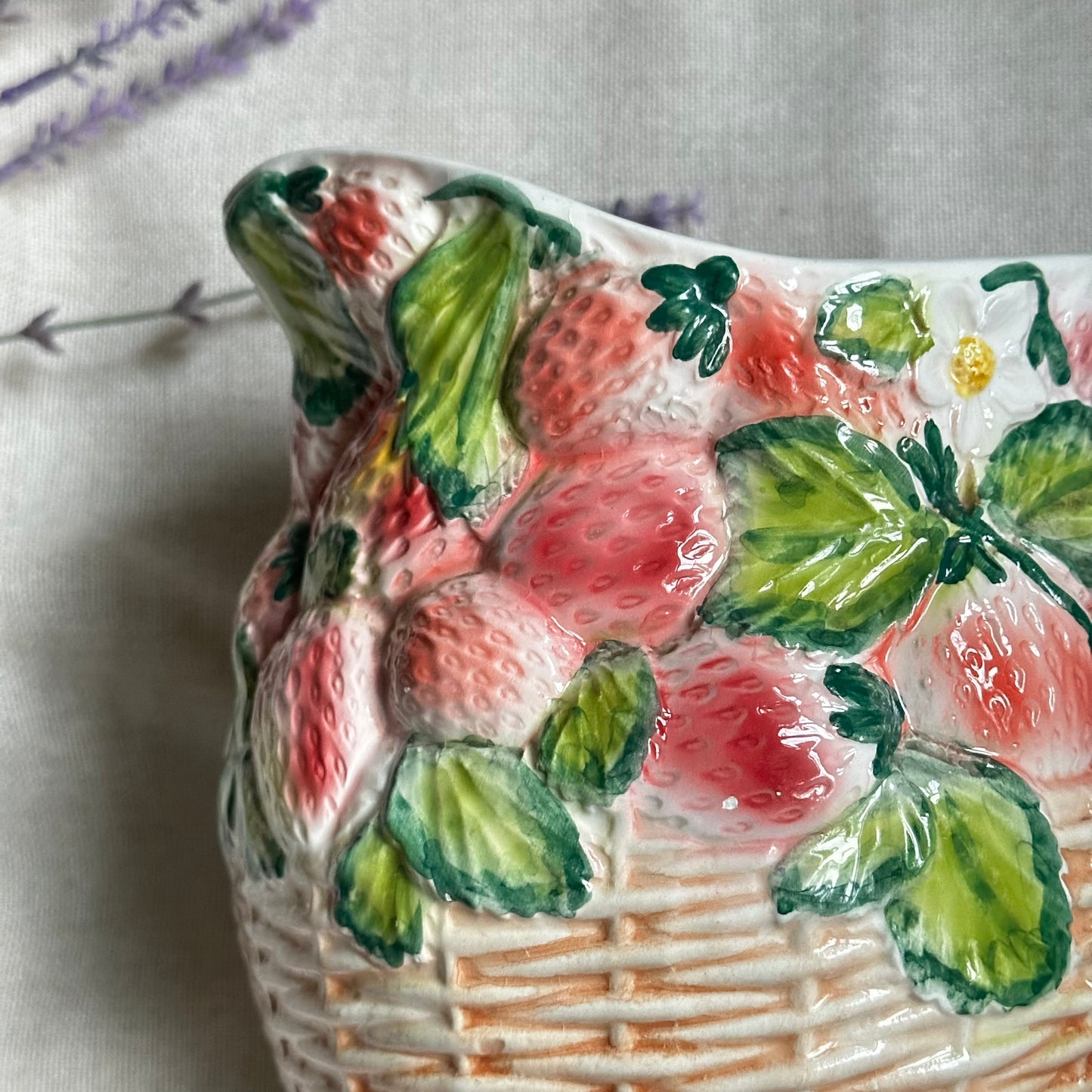 Vintage Strawberry Basket Pitcher | Hand-Painted Ceramic Fruit Jug with Braided Handle