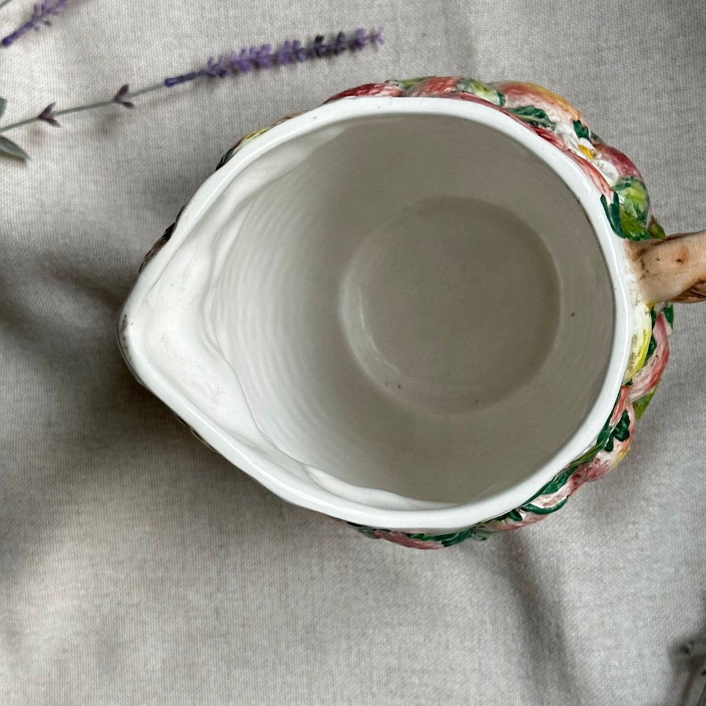 Vintage Strawberry Basket Pitcher | Hand-Painted Ceramic Fruit Jug with Braided Handle