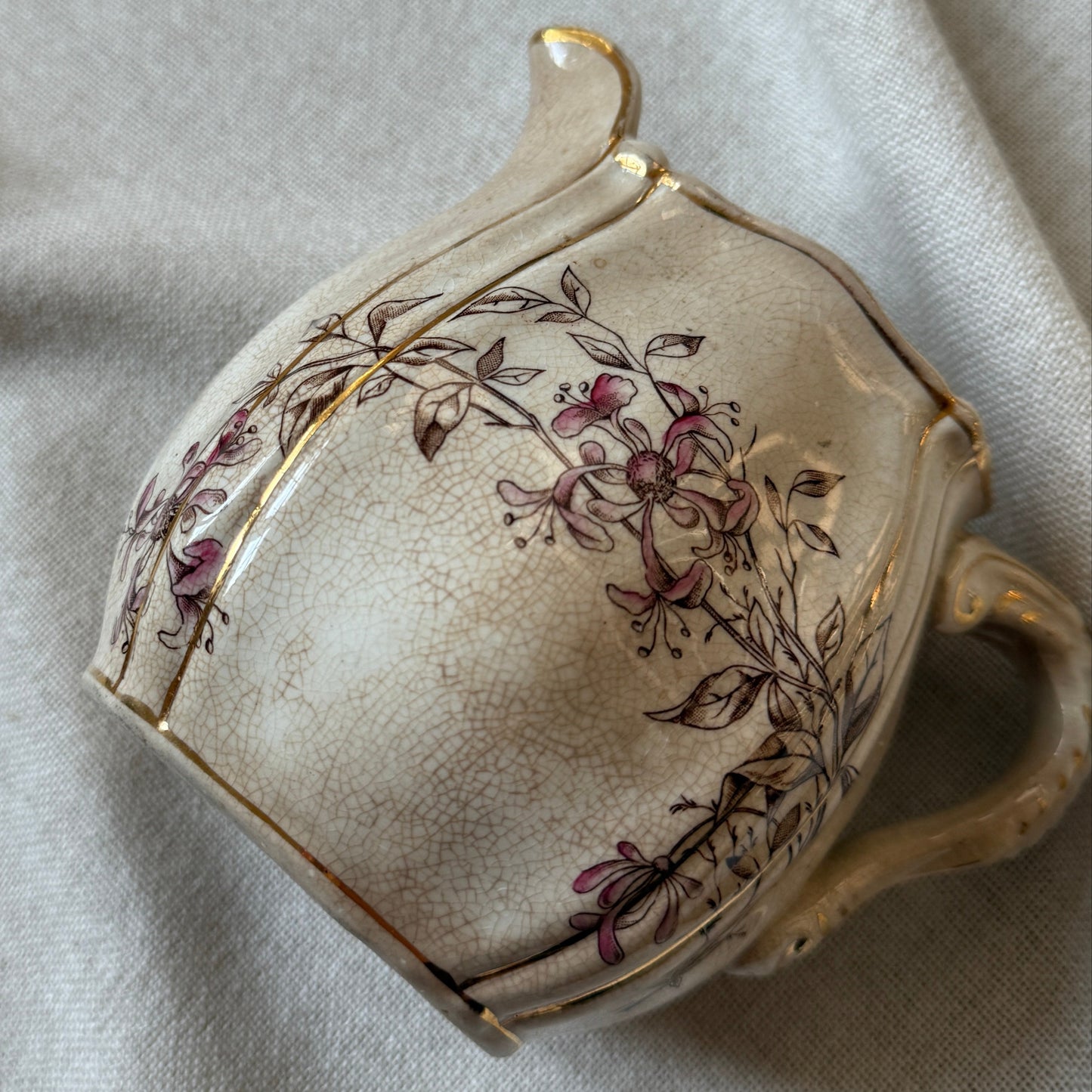 Antique Willets Manufacturing Company (W.M.C.O.) “Honeysuckle” Creamer | Floral Transferware with Gold Gilt | English Ironstone Jug