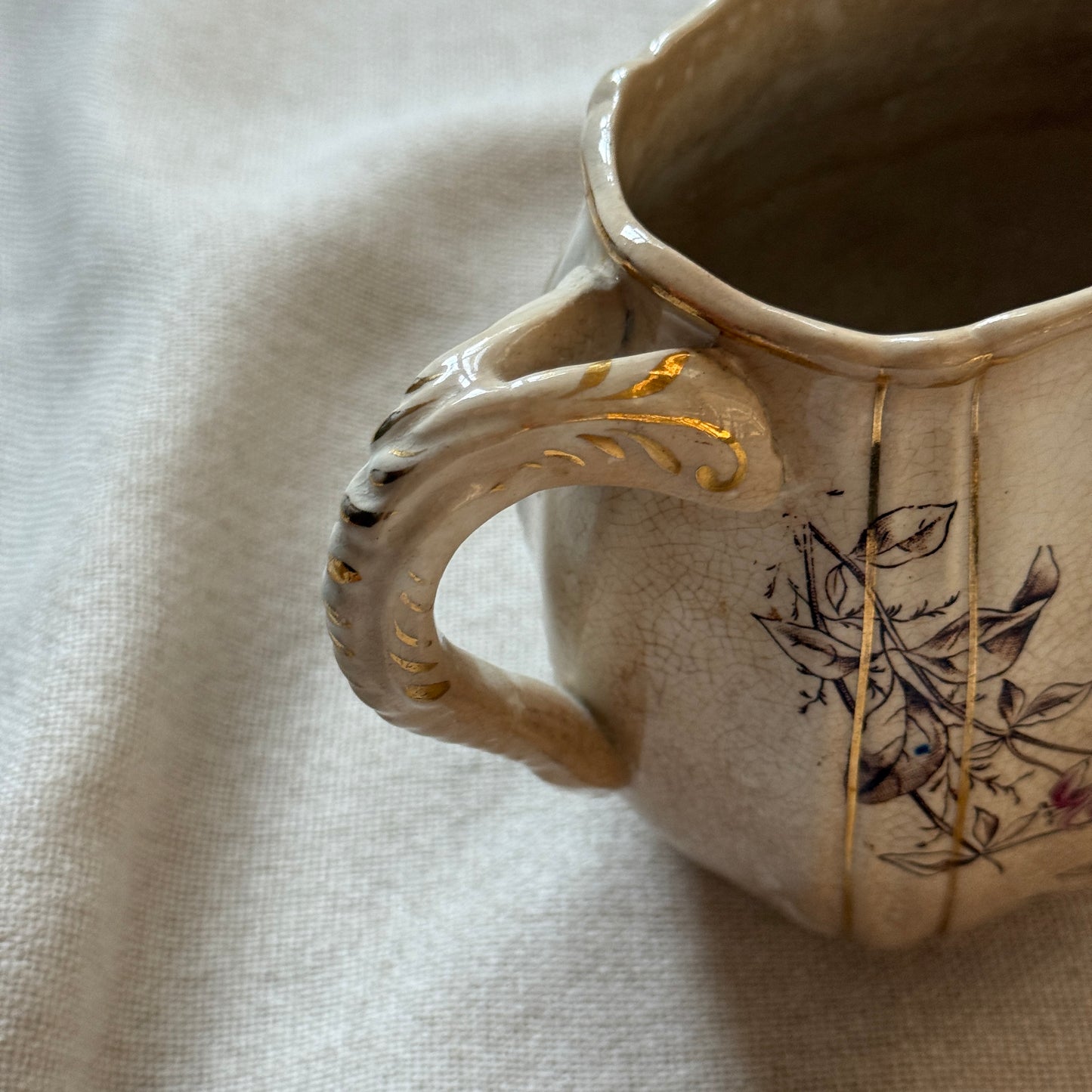 Antique Willets Manufacturing Company (W.M.C.O.) “Honeysuckle” Creamer | Floral Transferware with Gold Gilt | English Ironstone Jug