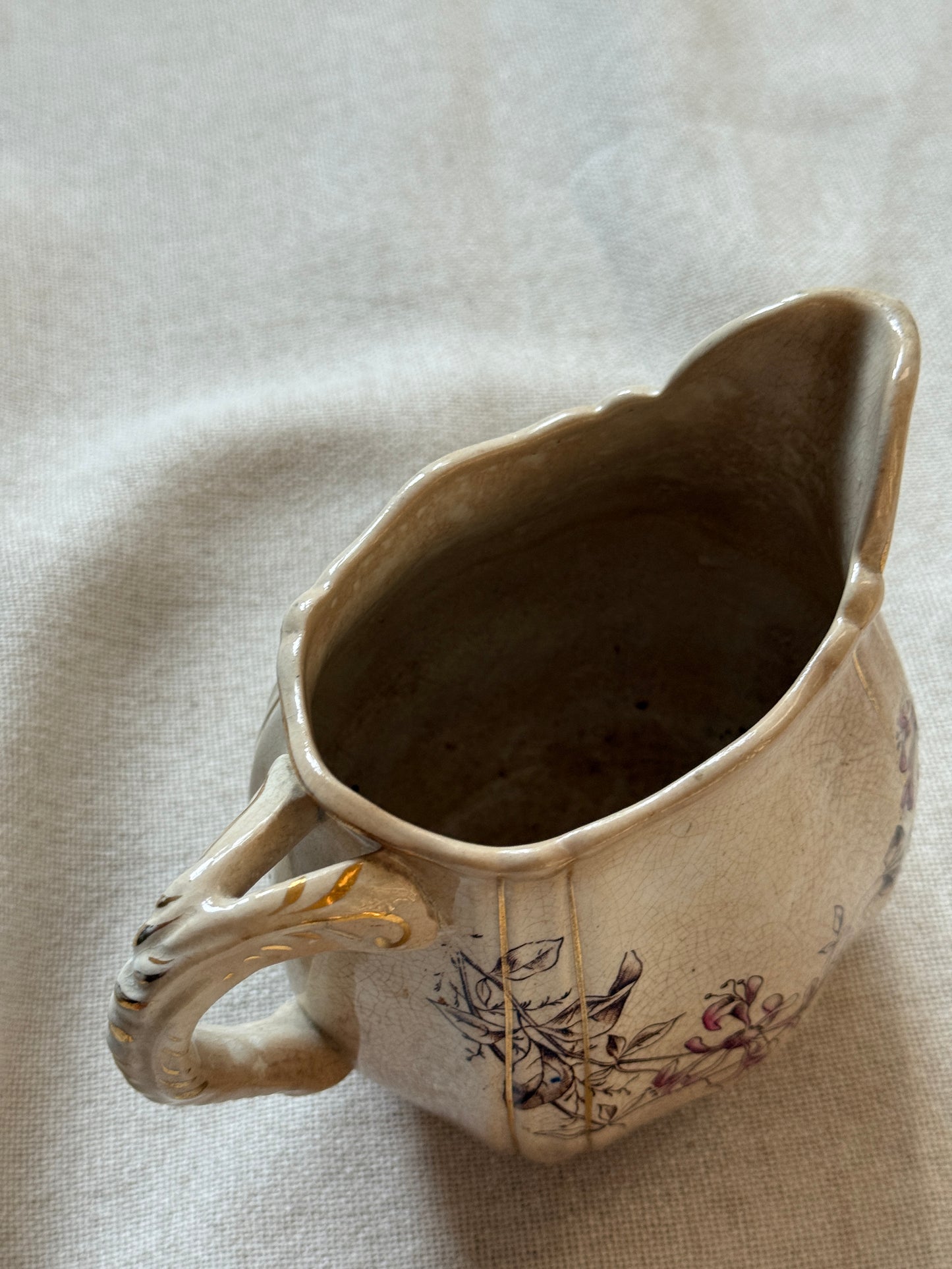 Antique Willets Manufacturing Company (W.M.C.O.) “Honeysuckle” Creamer | Floral Transferware with Gold Gilt | English Ironstone Jug