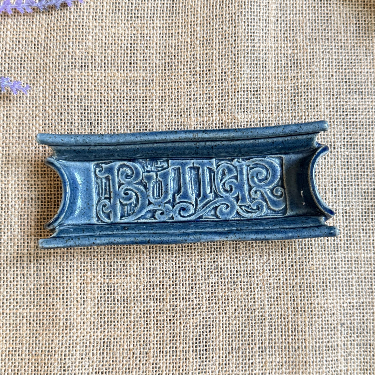 Vintage Blue Stoneware Butter Dish | Embossed Lettering | Handmade Pottery Butter Keeper