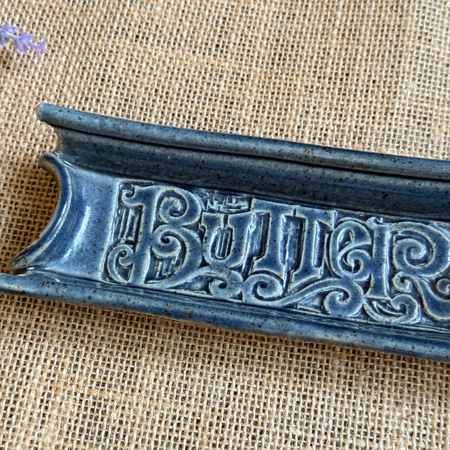 Vintage Blue Stoneware Butter Dish | Embossed Lettering | Handmade Pottery Butter Keeper
