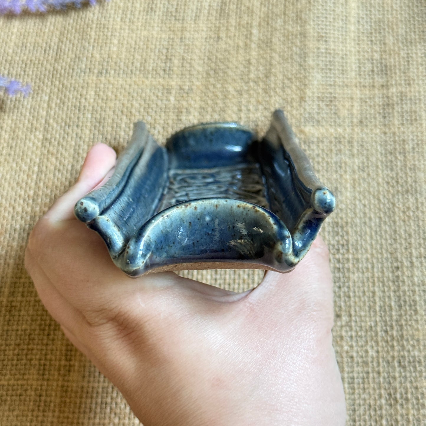 Vintage Blue Stoneware Butter Dish | Embossed Lettering | Handmade Pottery Butter Keeper