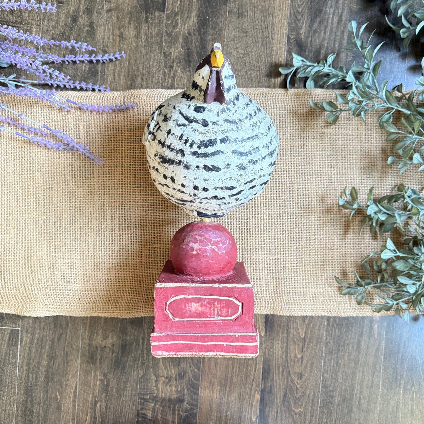 Primitive Folk Art Chicken Sculpture | Hand-Carved Painted Wood Hen on Red Pedestal | Rustic Farmhouse Shelf Decor
