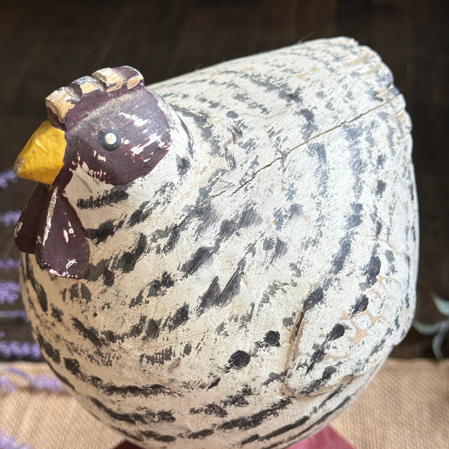 Primitive Folk Art Chicken Sculpture | Hand-Carved Painted Wood Hen on Red Pedestal | Rustic Farmhouse Shelf Decor