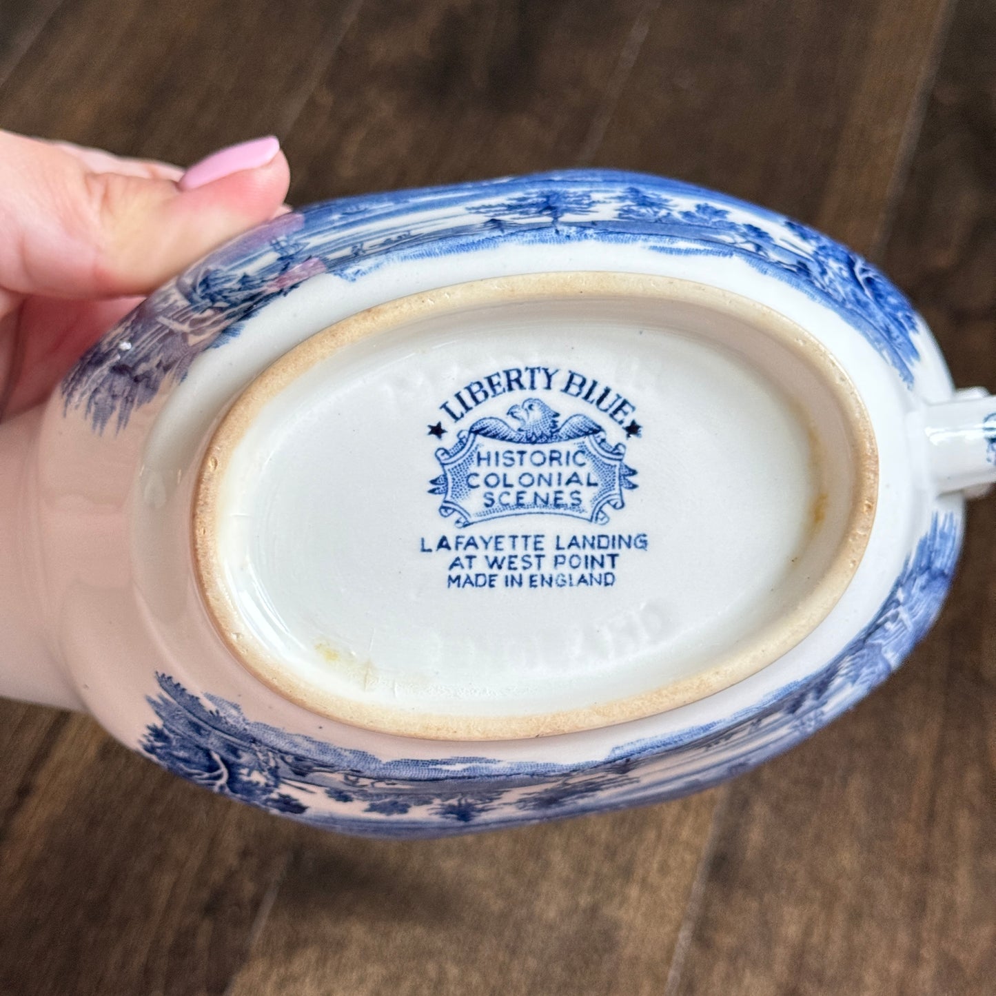 Liberty Blue Gravy Boat with Underplate | Historic Colonial Scenes | Staffordshire Transferware Made in England