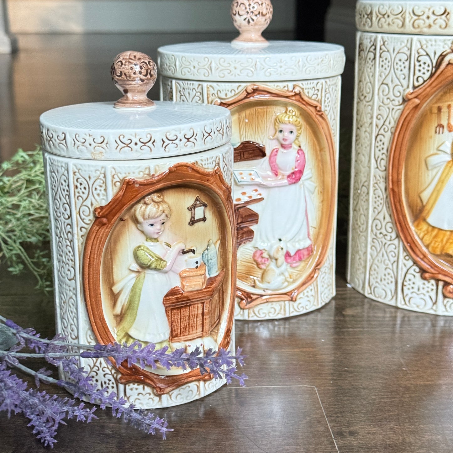 1978 Sears Pioneer Woman / Girls at Home Canister Set | Vintage Ceramic Kitchen Jars | Made in Japan