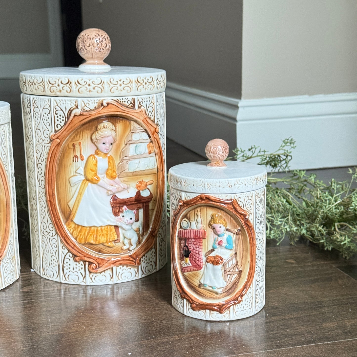 1978 Sears Pioneer Woman / Girls at Home Canister Set | Vintage Ceramic Kitchen Jars | Made in Japan