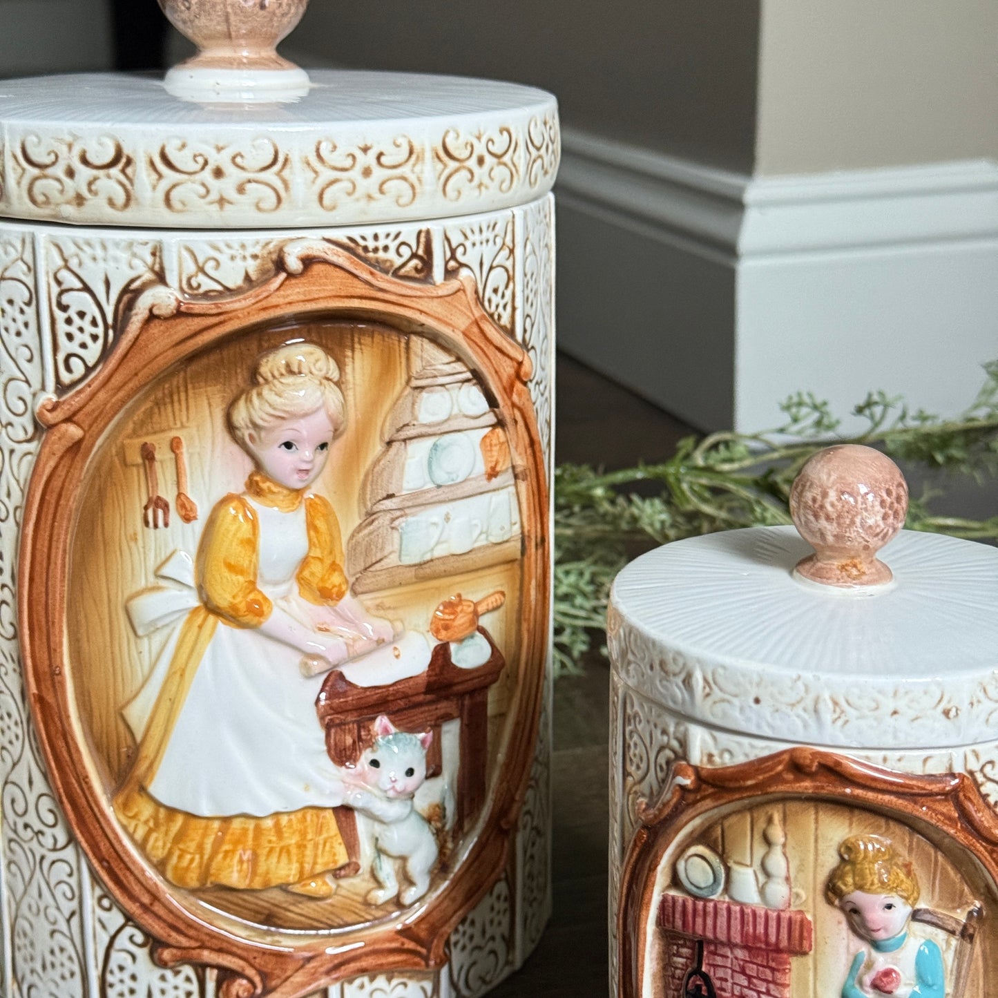 1978 Sears Pioneer Woman / Girls at Home Canister Set | Vintage Ceramic Kitchen Jars | Made in Japan