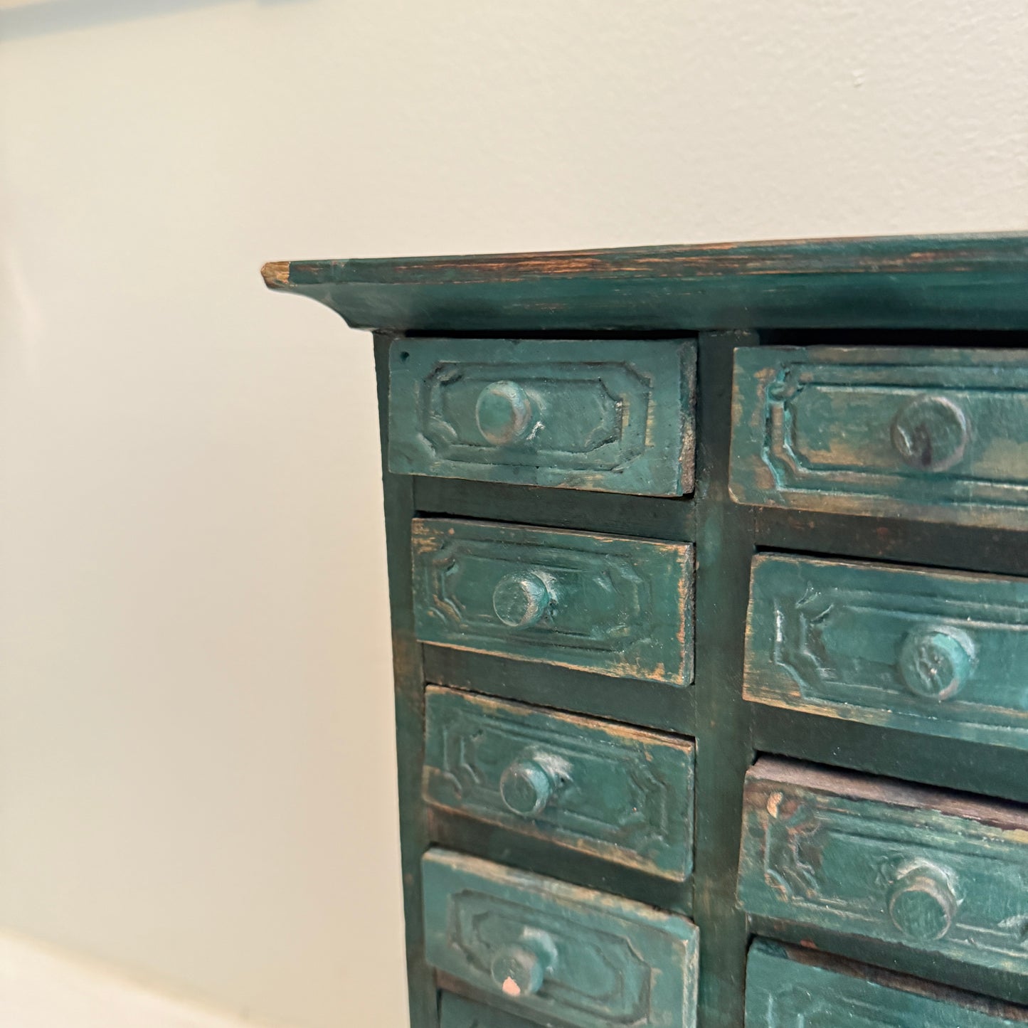 Vintage Apothecary-Style Miniature Cabinet | Hand-Carved Green Wood Chest with 15 Drawers | Rustic Spice or Trinket Storage