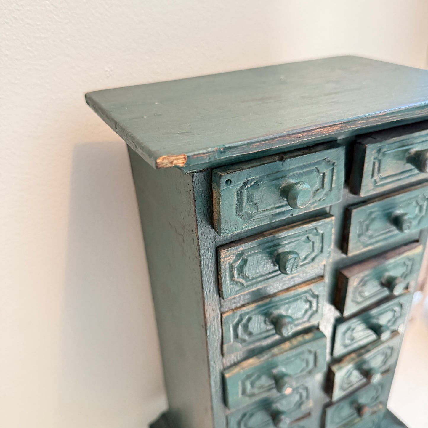 Vintage Apothecary-Style Miniature Cabinet | Hand-Carved Green Wood Chest with 15 Drawers | Rustic Spice or Trinket Storage