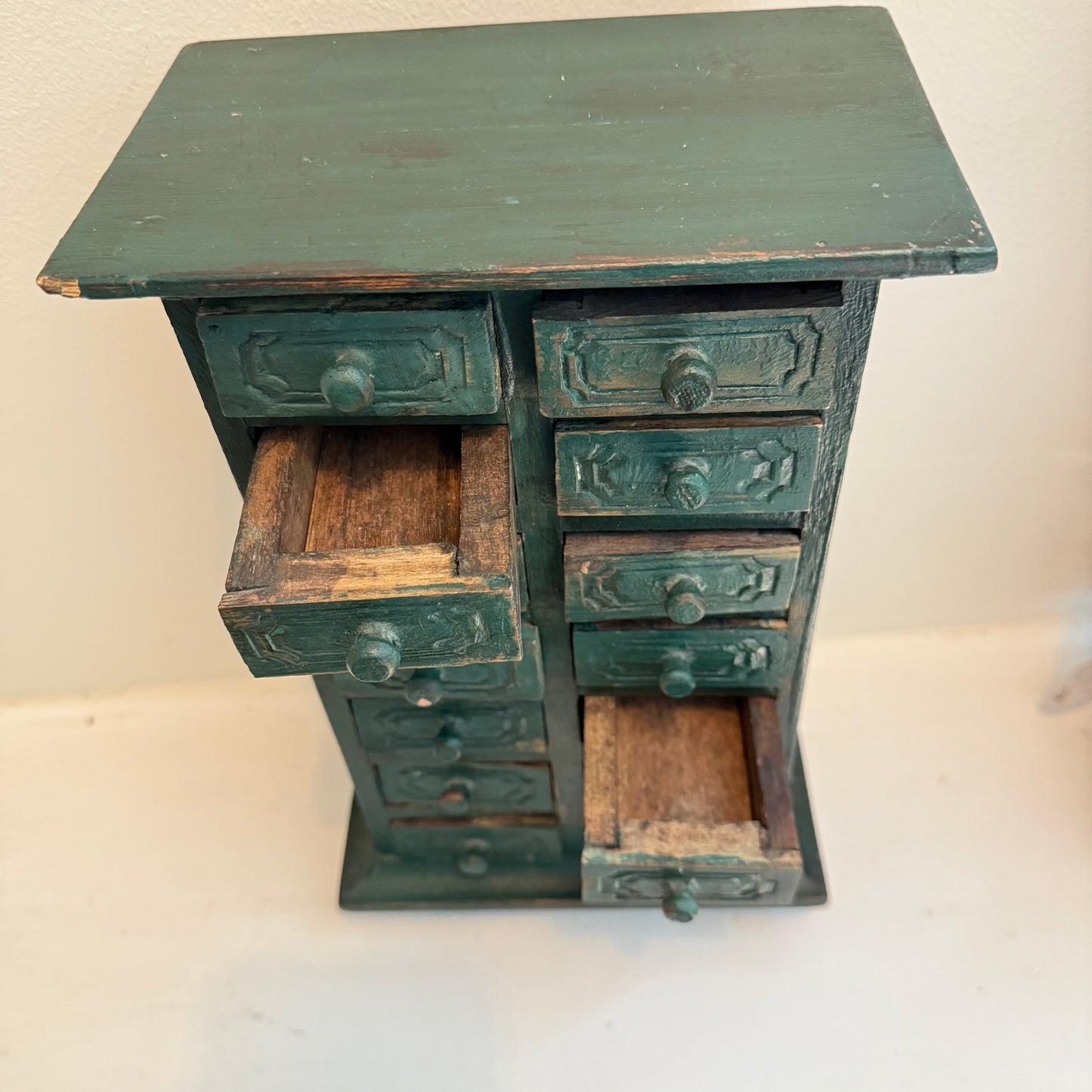 Vintage Apothecary-Style Miniature Cabinet | Hand-Carved Green Wood Chest with 15 Drawers | Rustic Spice or Trinket Storage