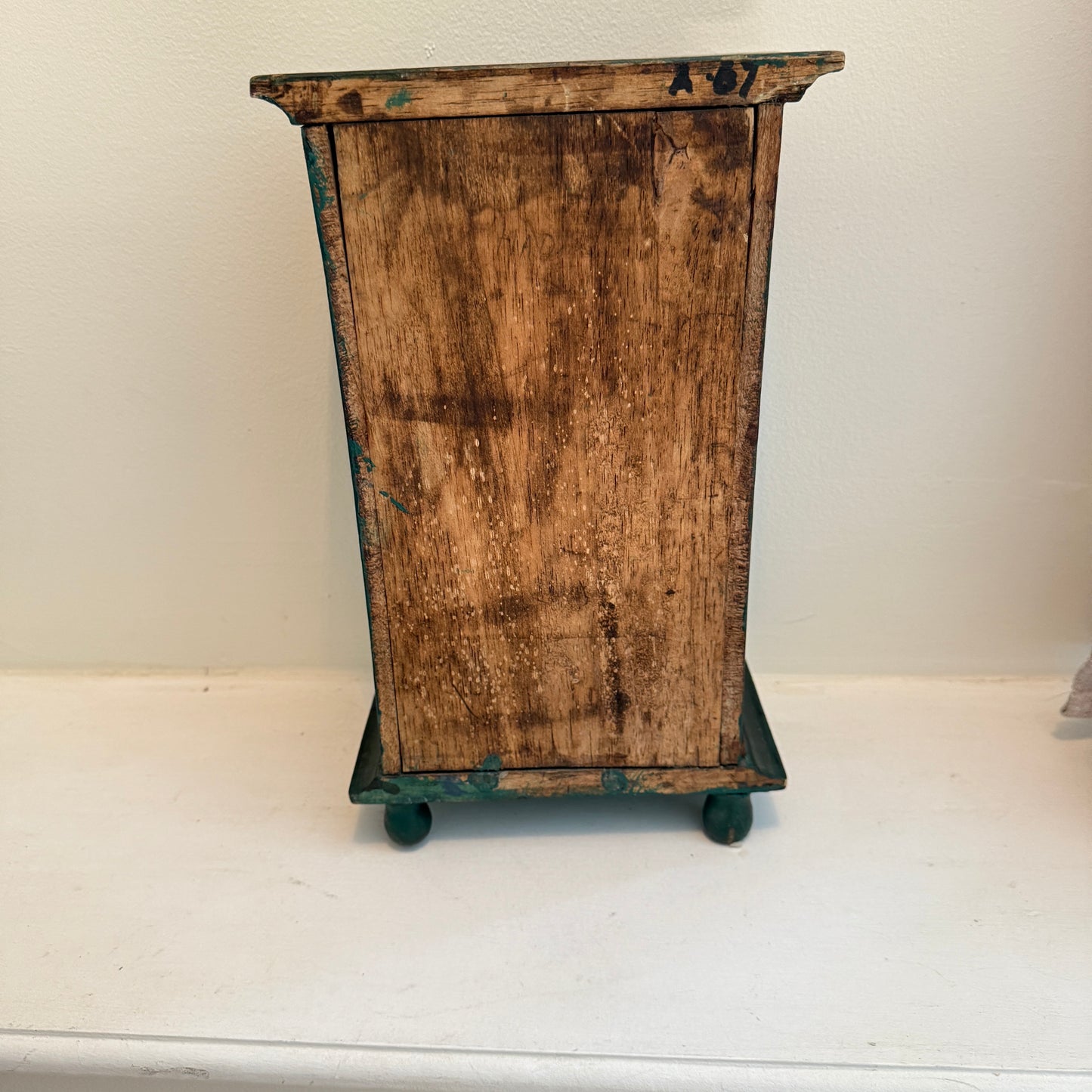 Vintage Apothecary-Style Miniature Cabinet | Hand-Carved Green Wood Chest with 15 Drawers | Rustic Spice or Trinket Storage