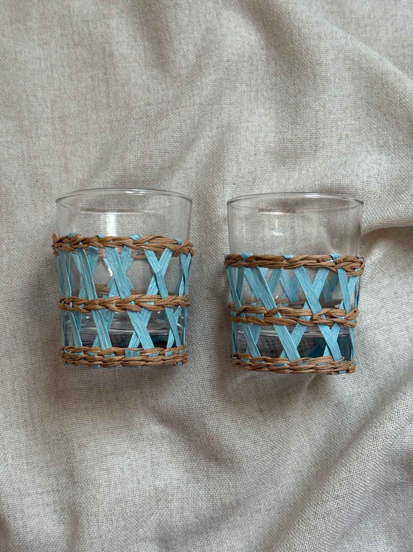 Pair of Vintage Wicker Wrapped Glass Tumblers | Blue and Natural Rattan Drinkware