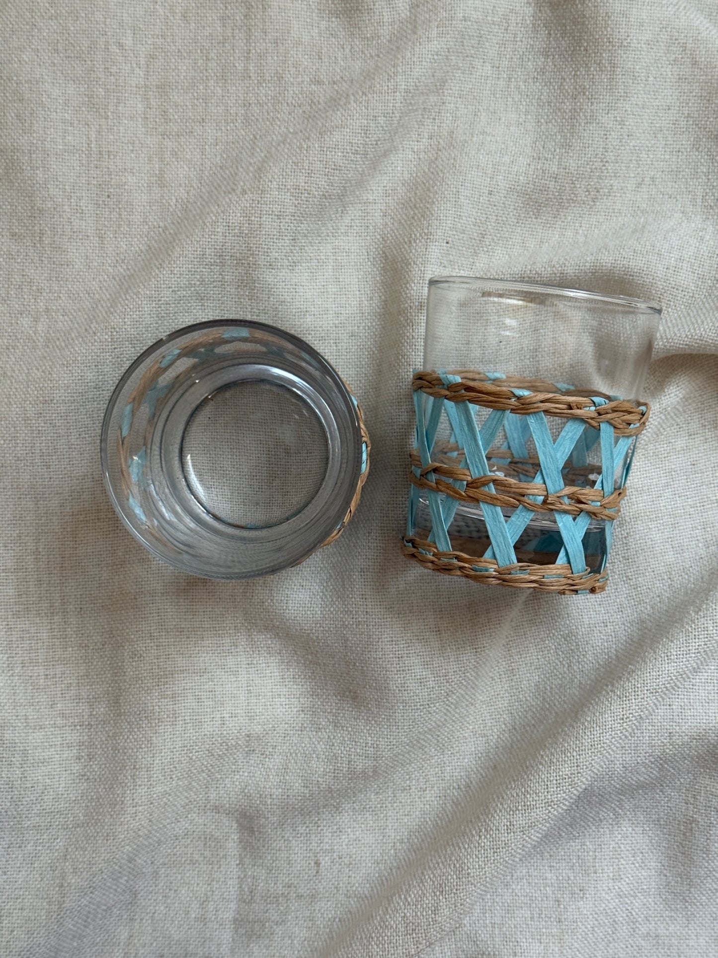 Pair of Vintage Wicker Wrapped Glass Tumblers | Blue and Natural Rattan Drinkware