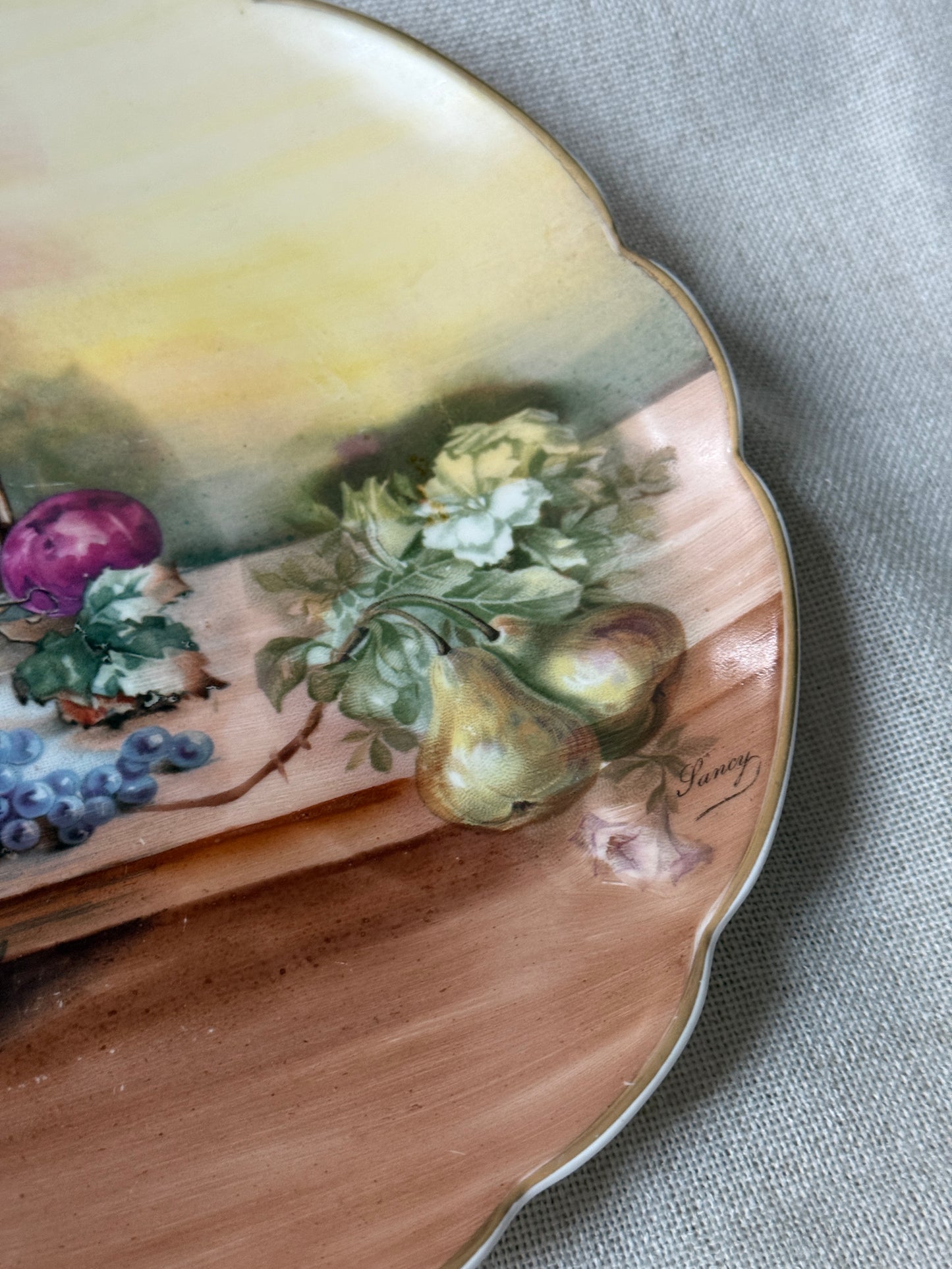 Antique Limoges France L.R.L. Hand Painted Fruit Plate – Signed “Lanoy” – Scalloped Edge, Gilt Rim