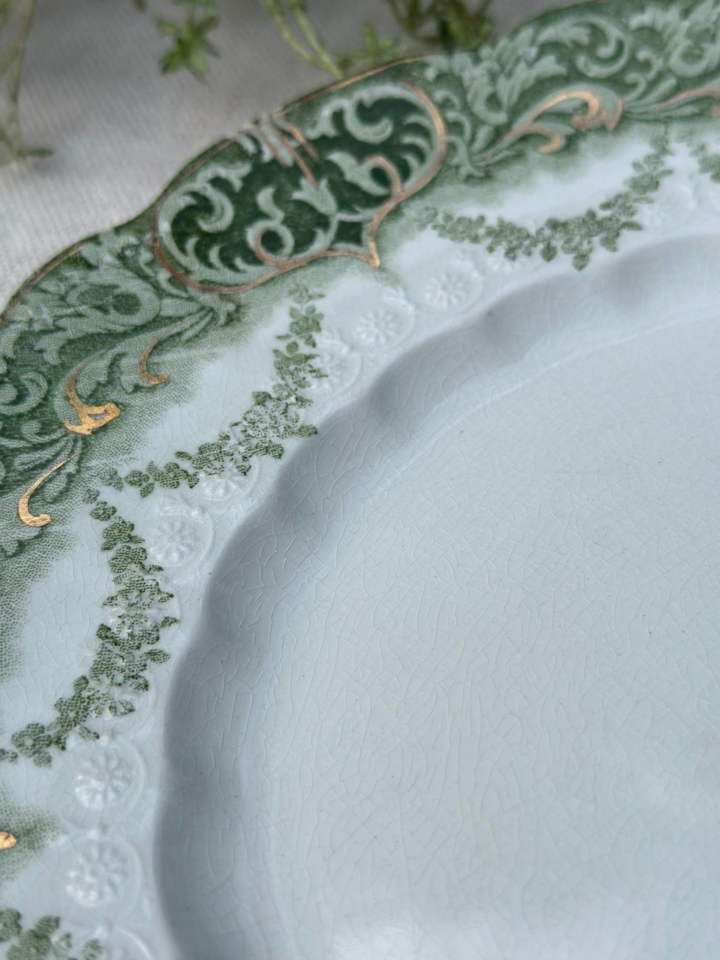 Antique Alfred Meakin "Denmark" Plate | Green & Gold Semi-Porcelain (Early 1900s)