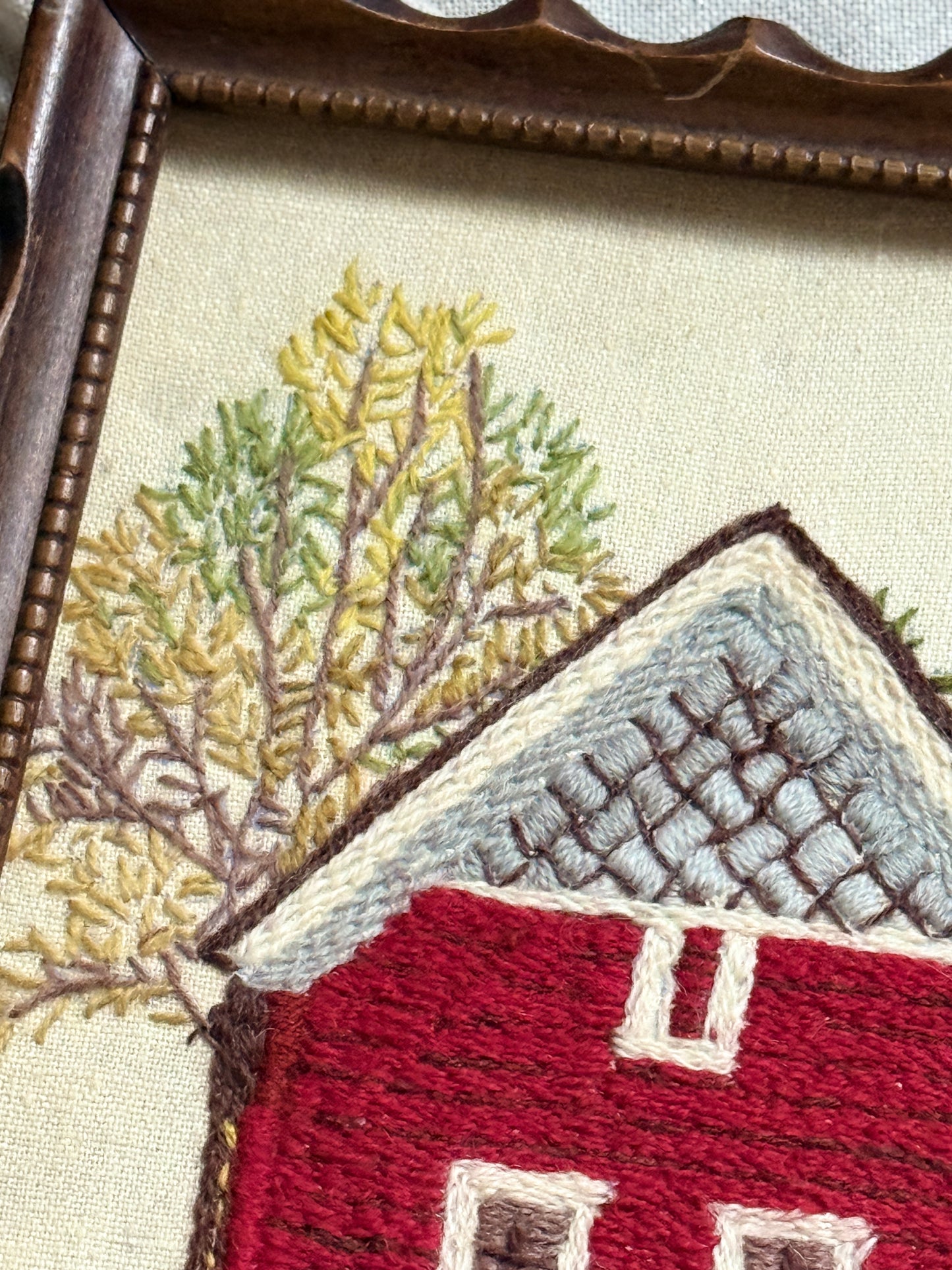 Vintage Red Schoolhouse Crewel Embroidery | Framed 1970s Needlework Wall Art