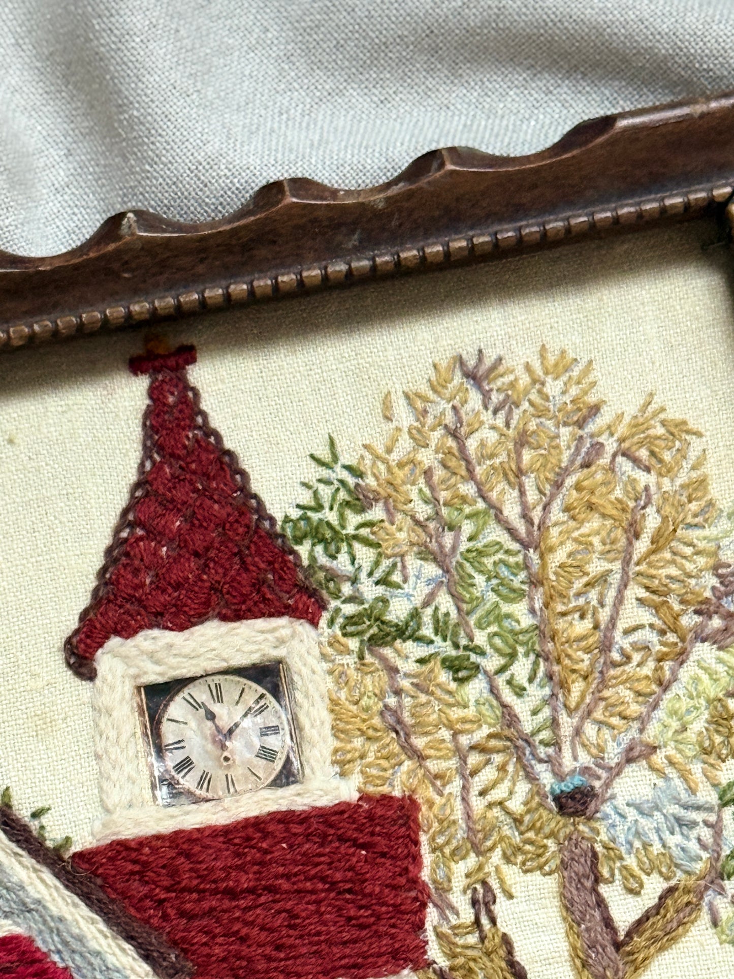 Vintage Red Schoolhouse Crewel Embroidery | Framed 1970s Needlework Wall Art