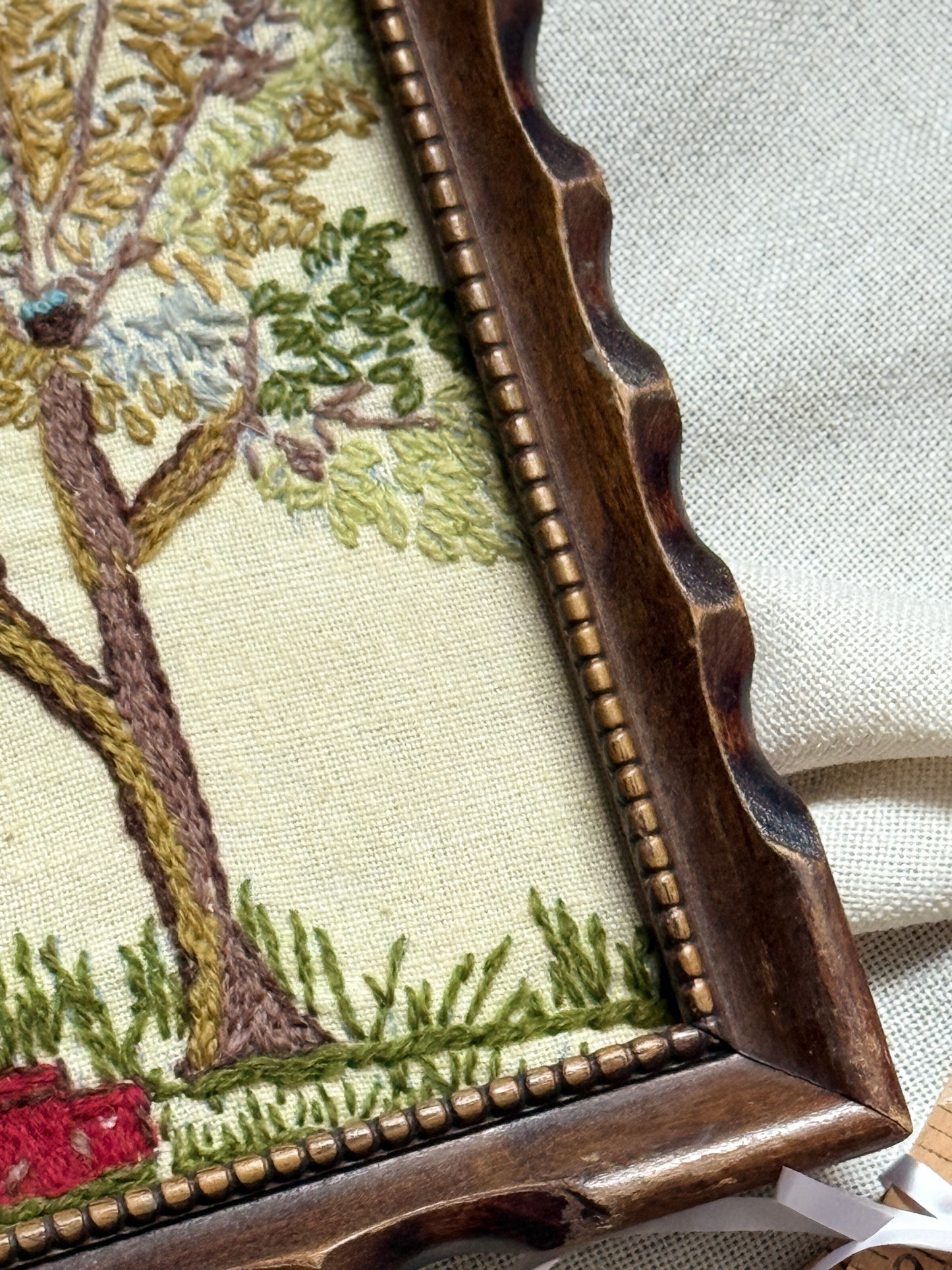 Vintage Red Schoolhouse Crewel Embroidery | Framed 1970s Needlework Wall Art