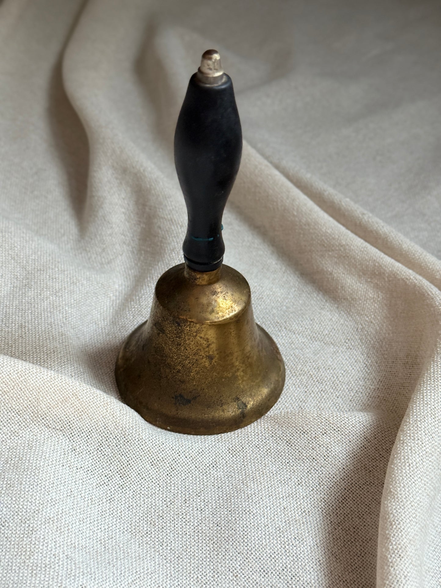 Vintage Brass School Bell with Wooden Handle – 1960s Classroom Desk Bell