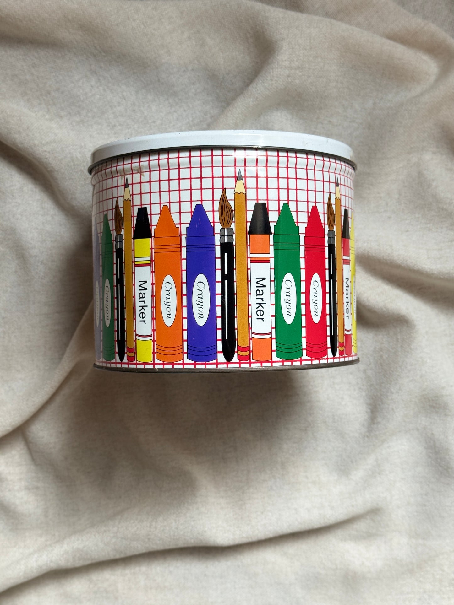Vintage Crayon Pencil Tin with Lid | 1990s School Supply Print Metal Storage Container