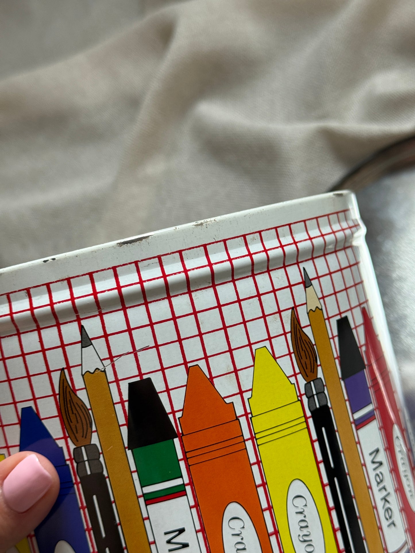 Vintage Crayon Pencil Tin with Lid | 1990s School Supply Print Metal Storage Container