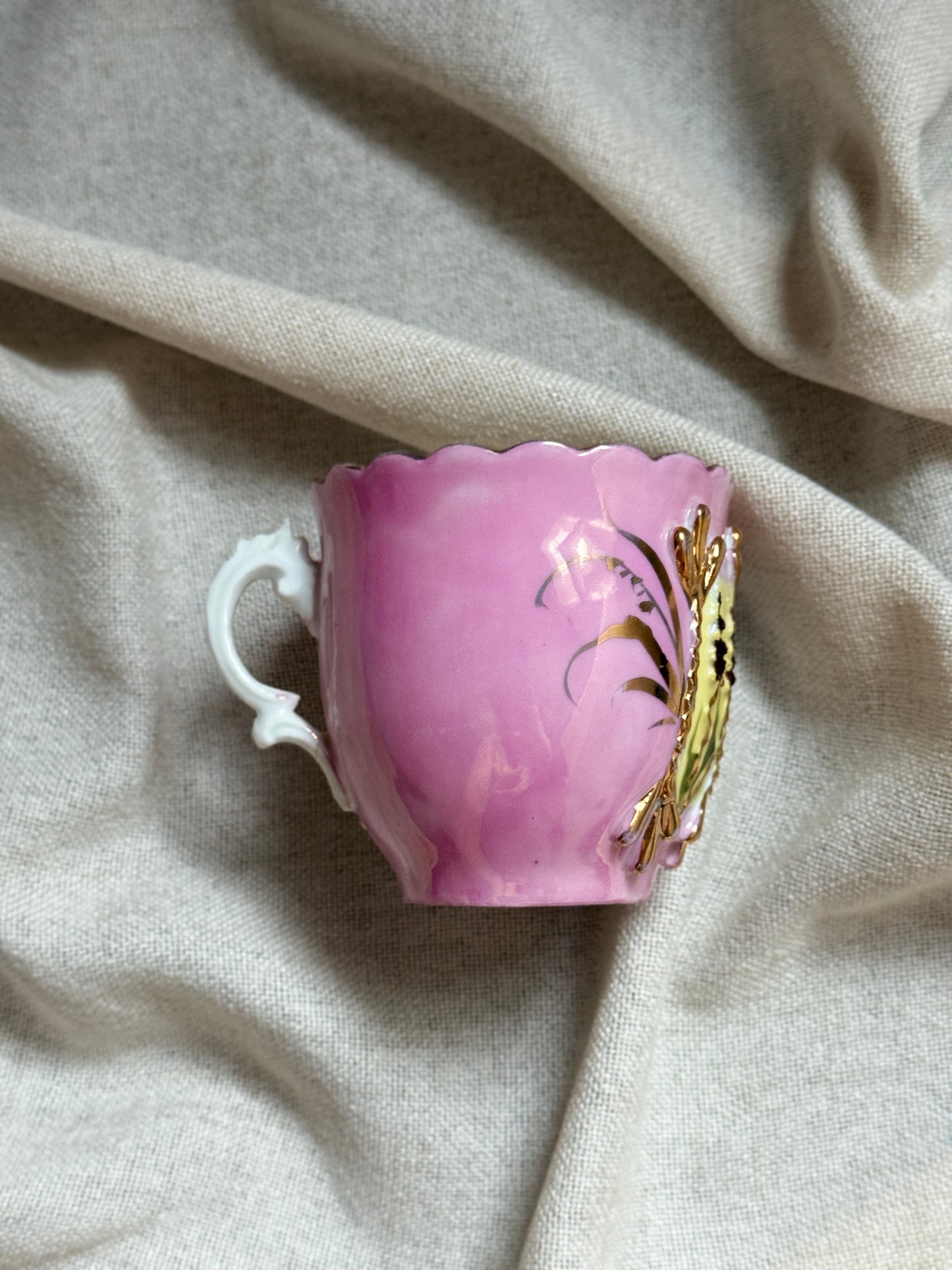 Antique Porcelain Mustache Cup | Pink & Gold Water Lily Scene